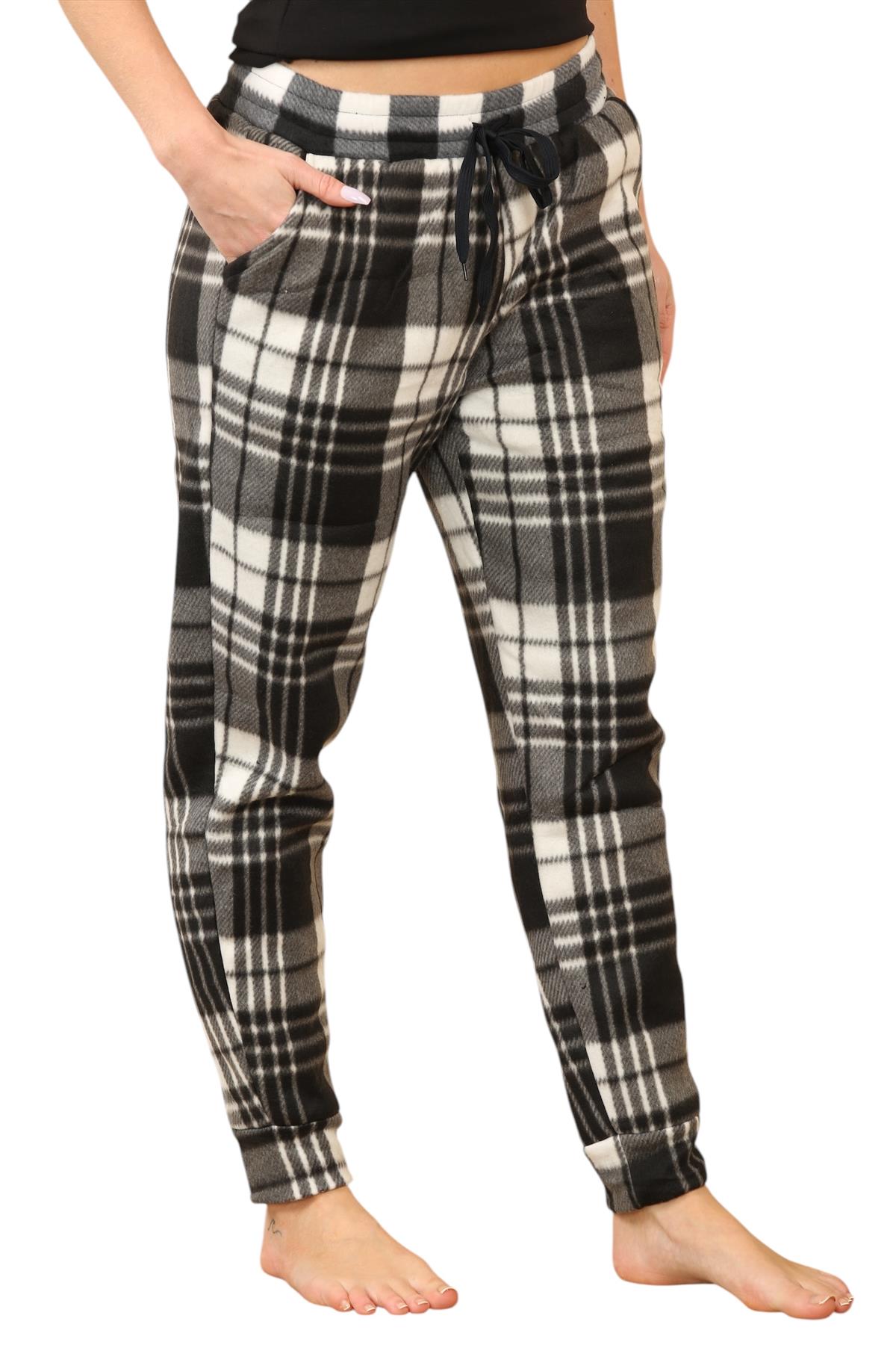 Pantalones de chándal para mujer de franela elásticos con cordón polar a cuadros PJ - Imagen 16 de 48