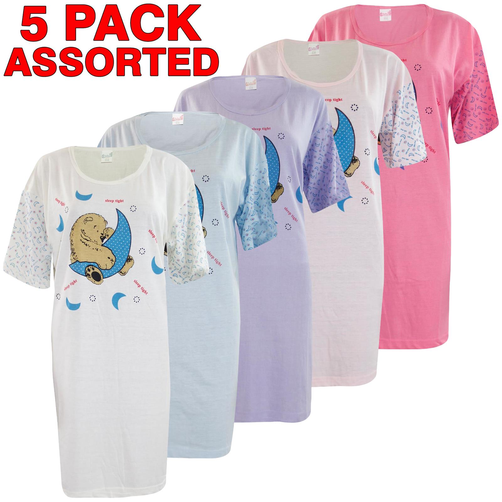 5 Pack Nightdress Nightie Women Cotton Ladies Short Sleeve Nightshirt Nightwear - Picture 24 of 59