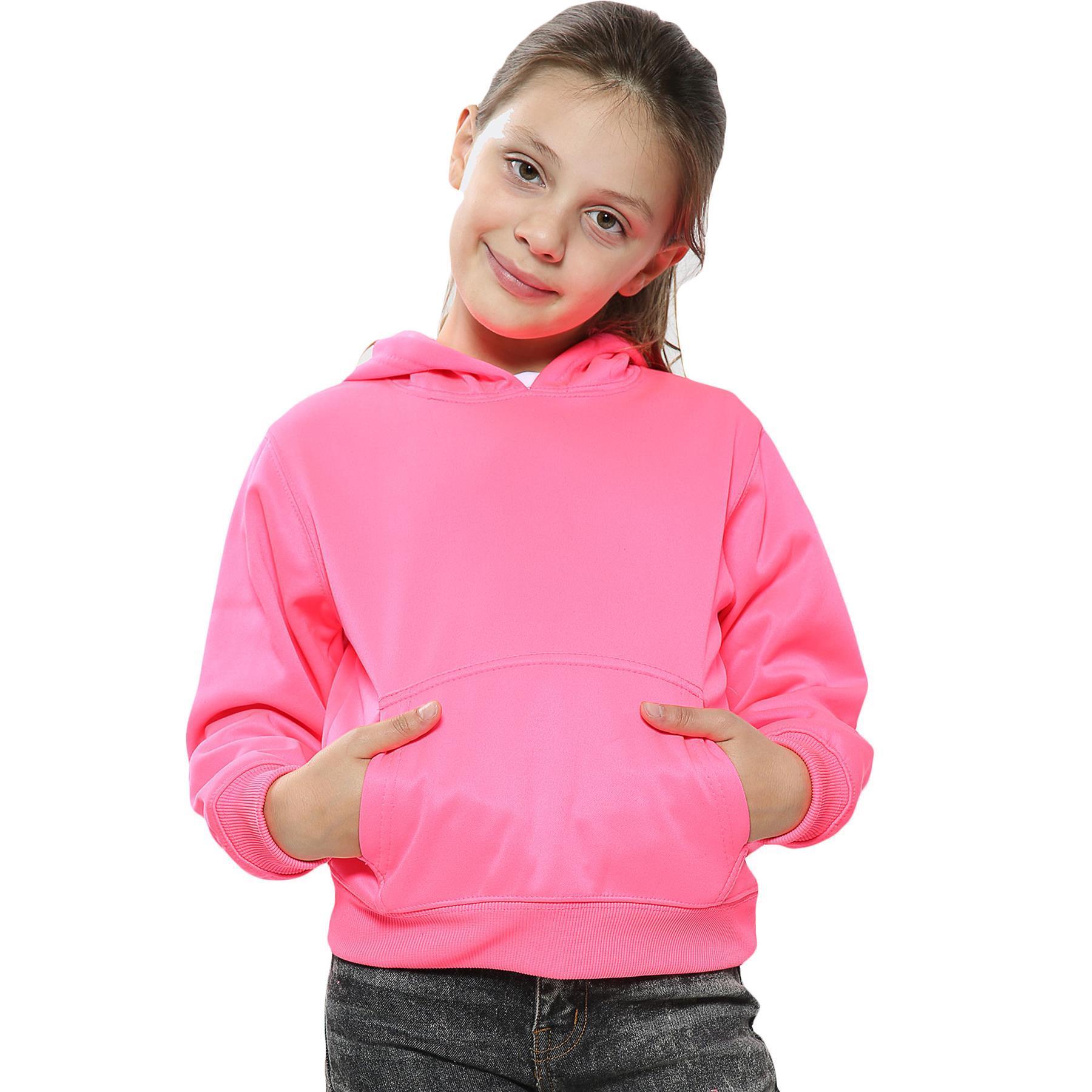 Kids Girls Boys Plain Hooded Jumper Fleece Pullover Hoodie Unisex Sweatshirt - Picture 98 of 128
