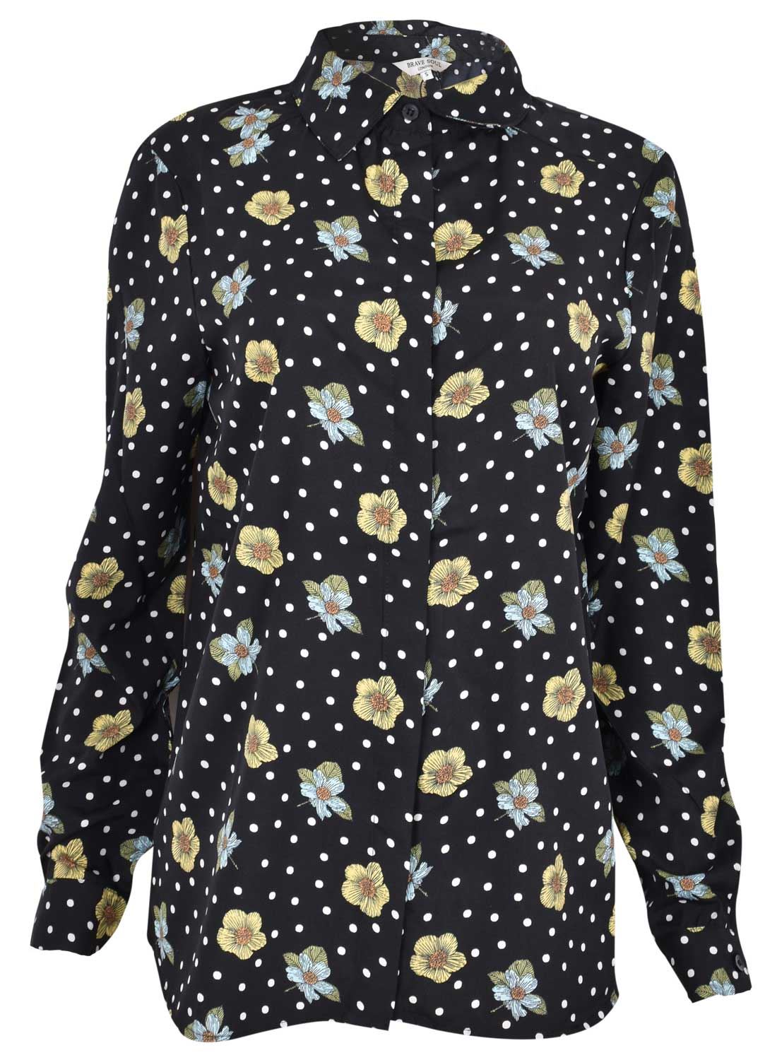 Womens Long Sleeve Floral Shirt Ladies Collar Blouse Dot Casual Work T-Shirt Top - Picture 12 of 22