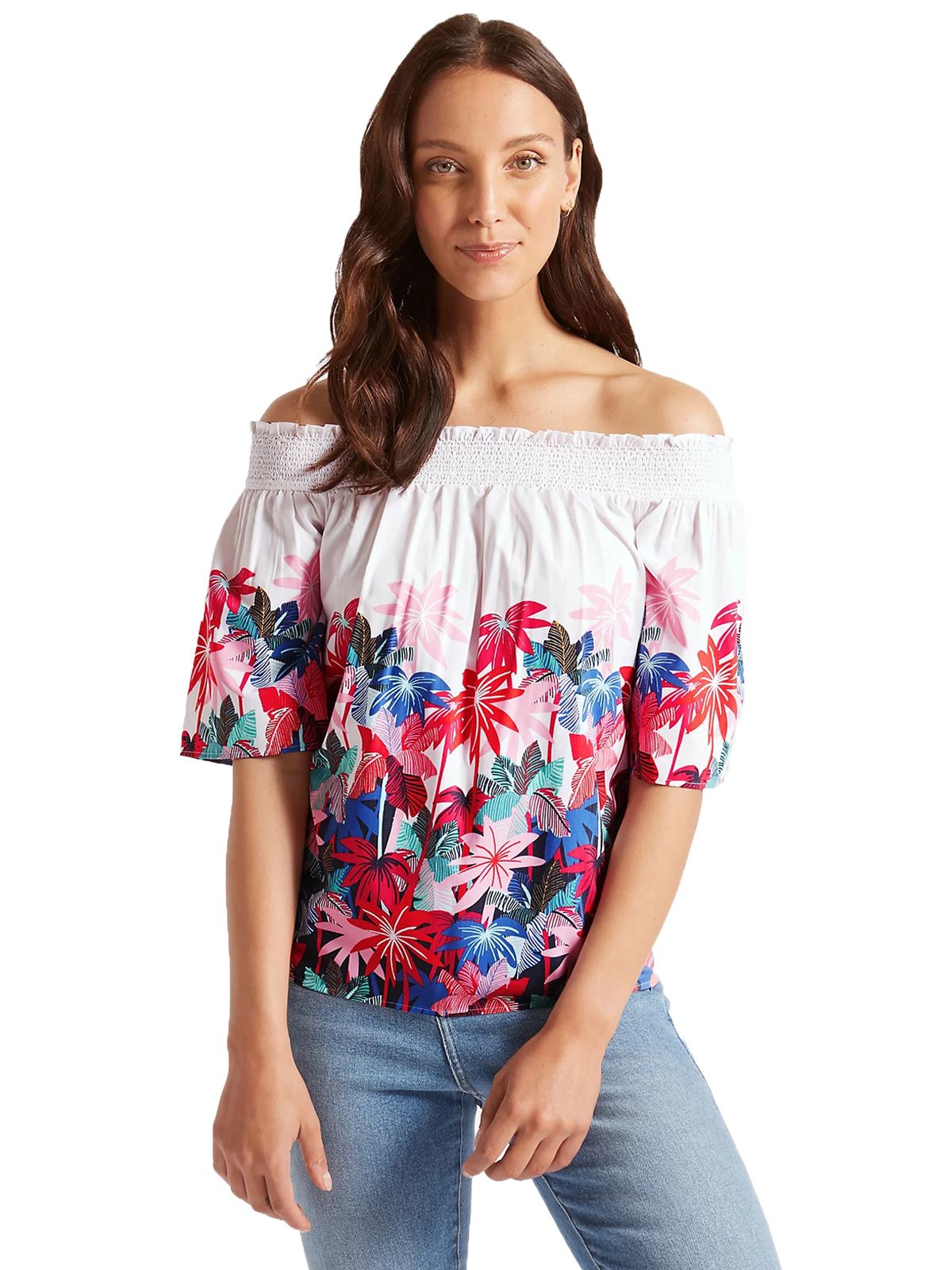 Camiseta para mujer Bardot suelta ala de murciélago sin hombro floral talla 8-18 - Imagen 7 de 10