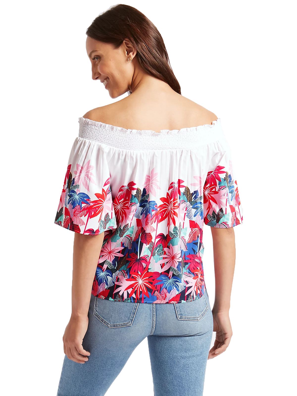 Camiseta para mujer Bardot suelta ala de murciélago sin hombro floral talla 8-18 - Imagen 9 de 10