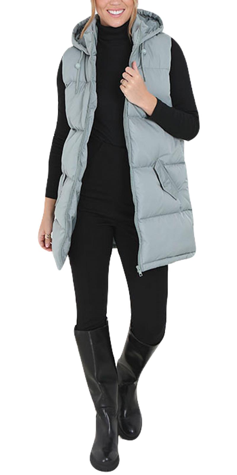 Ladies Hooded Puffer Gilet Jacket Long Line Womens Padded Top Winter Body Warmer - Picture 10 of 15