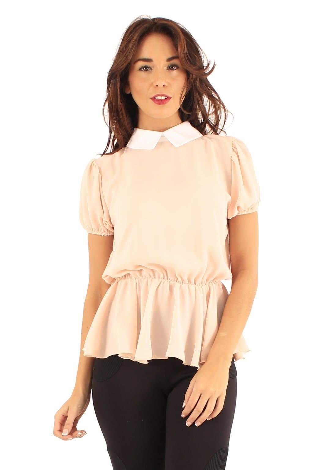 Mujeres Vestidos Manga Corta Cuello Peter Pan Peplum Damas Mini Vestido Blusa Prenda para el torso - Imagen 16 de 33