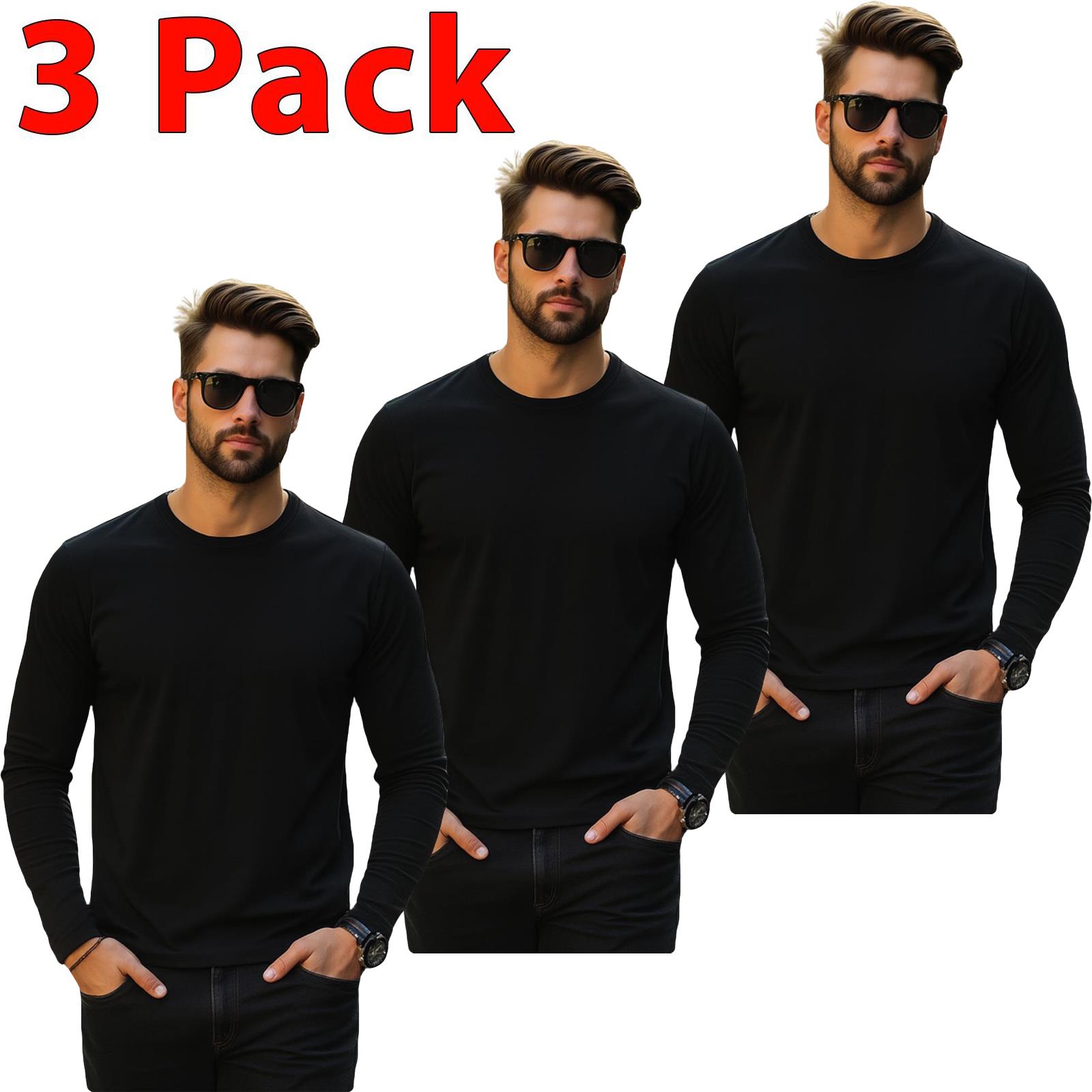 Mens 3 Pack Long Sleeve T-Shirts Cotton Blend Crew Neck Black Navy Grey S–XL Tee - Picture 13 of 15