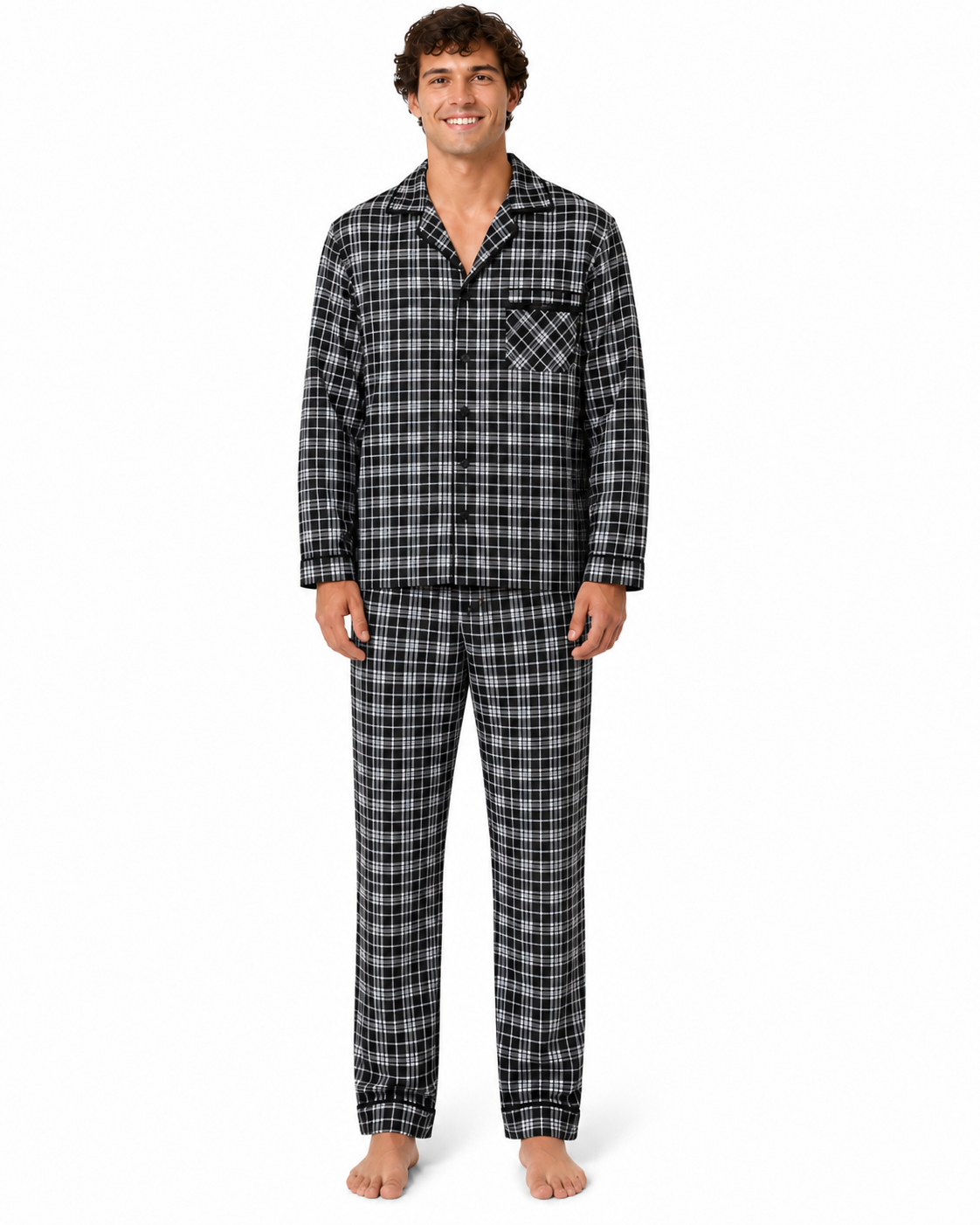 Mens Cotton Blend Pyjama Set Woven Check Stripe Loungewear Nightwear PJ Set