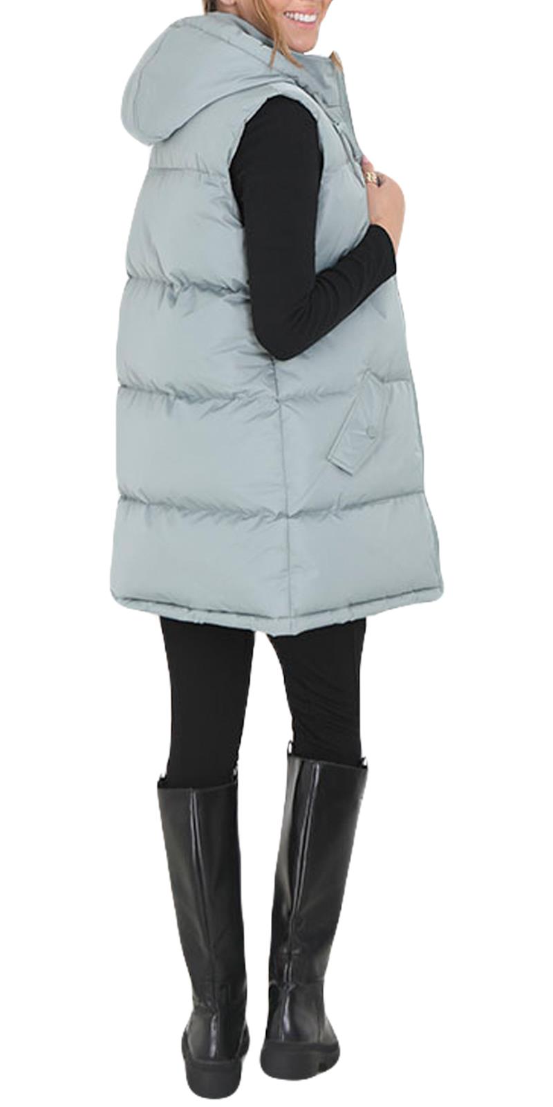 Ladies Hooded Puffer Gilet Jacket Long Line Womens Padded Top Winter Body Warmer - Picture 11 of 15