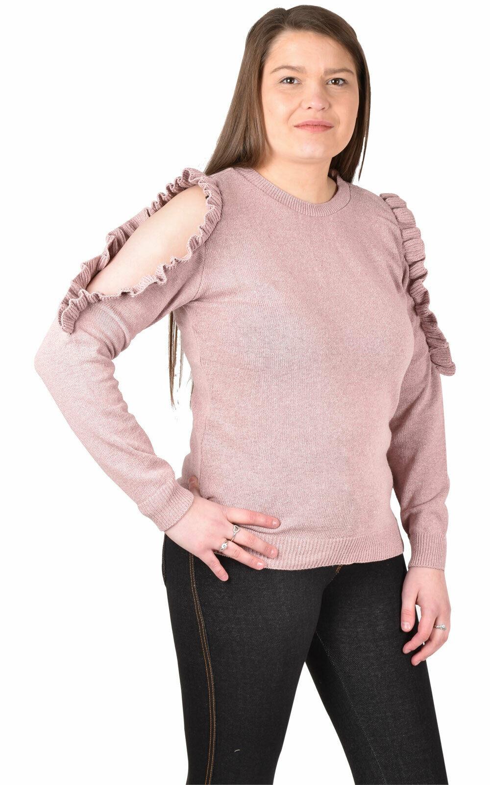 Damas Suéter Tejido Volantes Frío Hombro Top Blusa Recortada Jumper Top Reino Unido 6-10 - Imagen 6 de 9