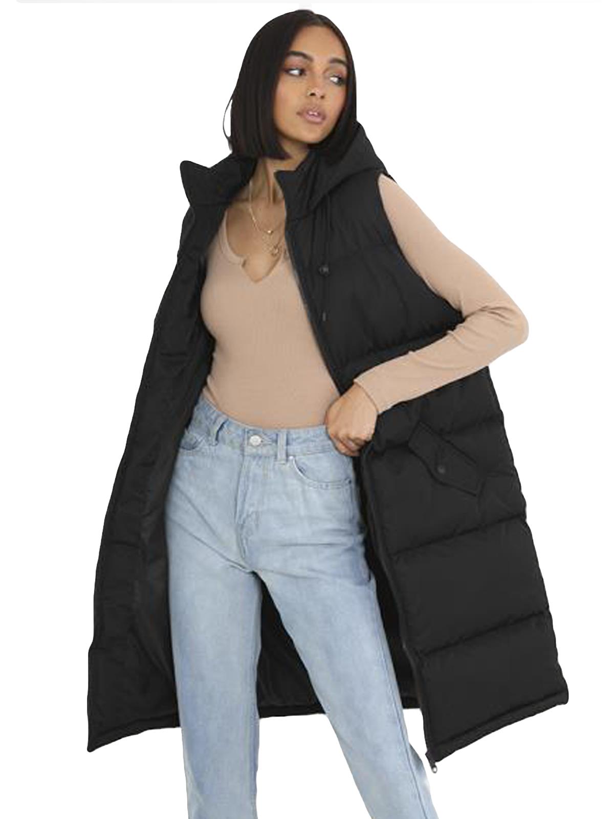 Ladies Hooded Puffer Gilet Jacket Long Line Womens Padded Top Winter Body Warmer - Picture 3 of 15
