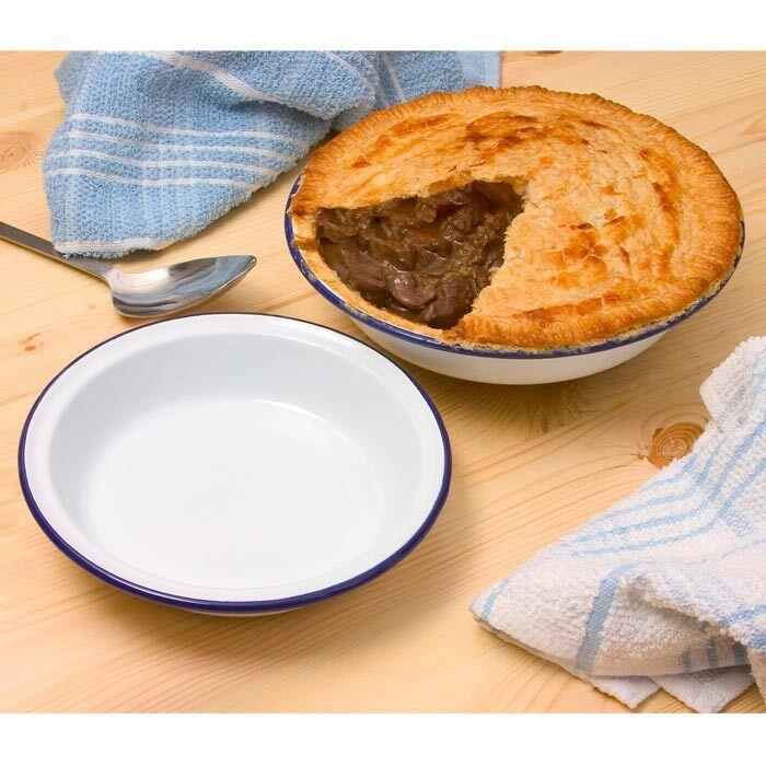Falcon Enamel Round Pie Dish - White with Blue Rim, Oven & Dishwasher Safe - Picture 91 of 91