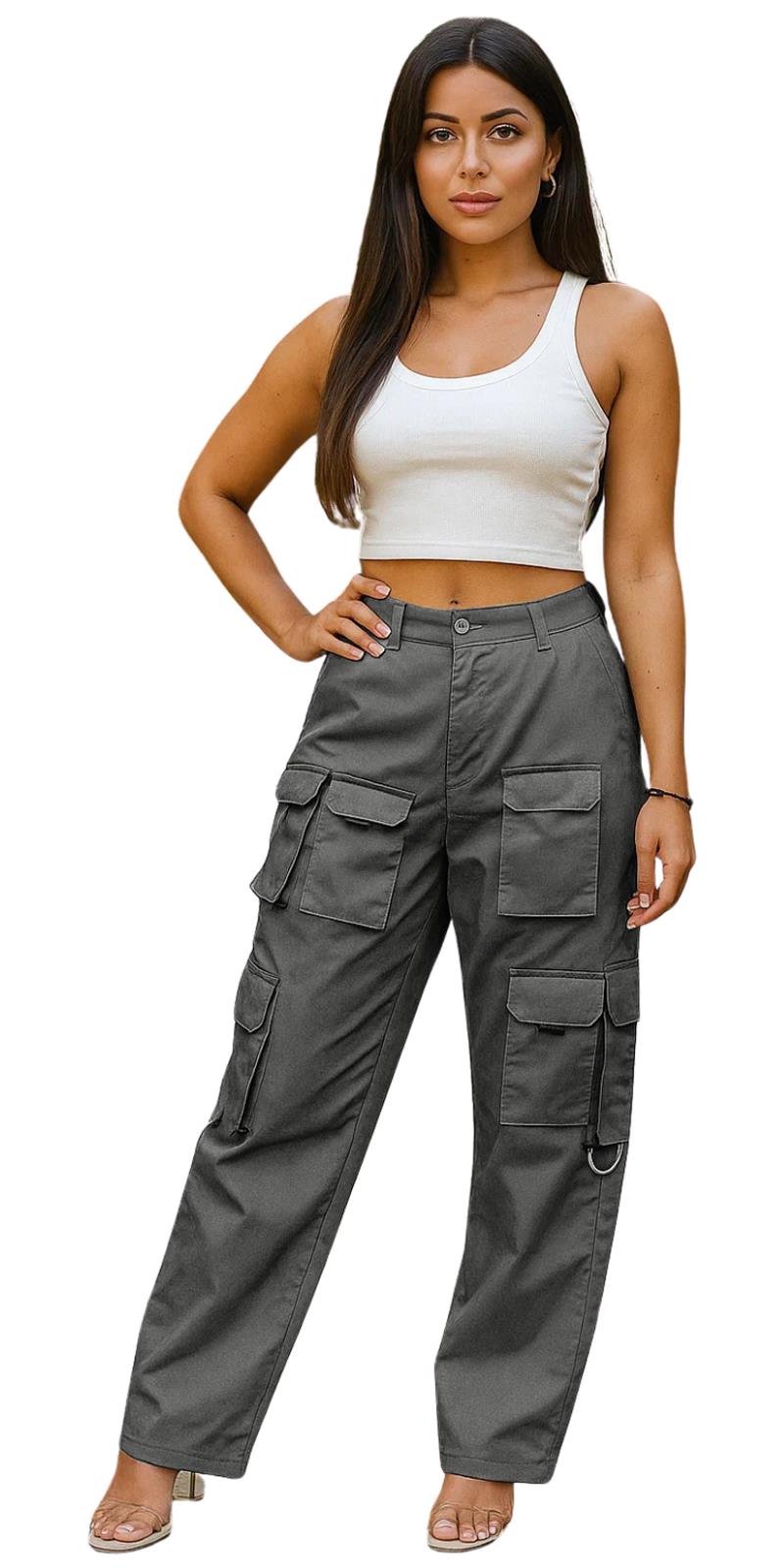 Ladies Cargo Combat Trouser 8 Multi Pocket Regular Fit Straight Leg Casual Pants - Picture 10 of 12