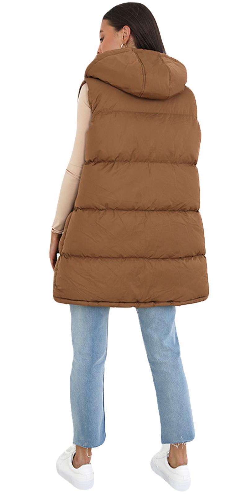 Ladies Hooded Puffer Gilet Jacket Long Line Womens Padded Top Winter Body Warmer - Picture 7 of 15
