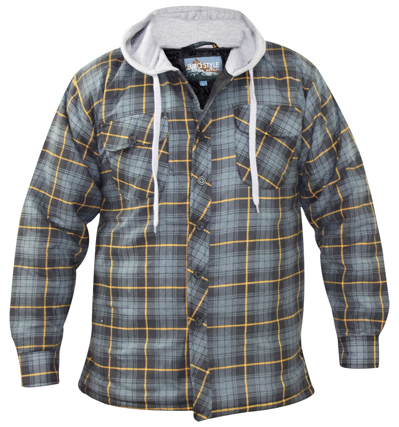 Mens Padded Quilted Lined Lumberjack Check Winter Hooded Workshirt and
