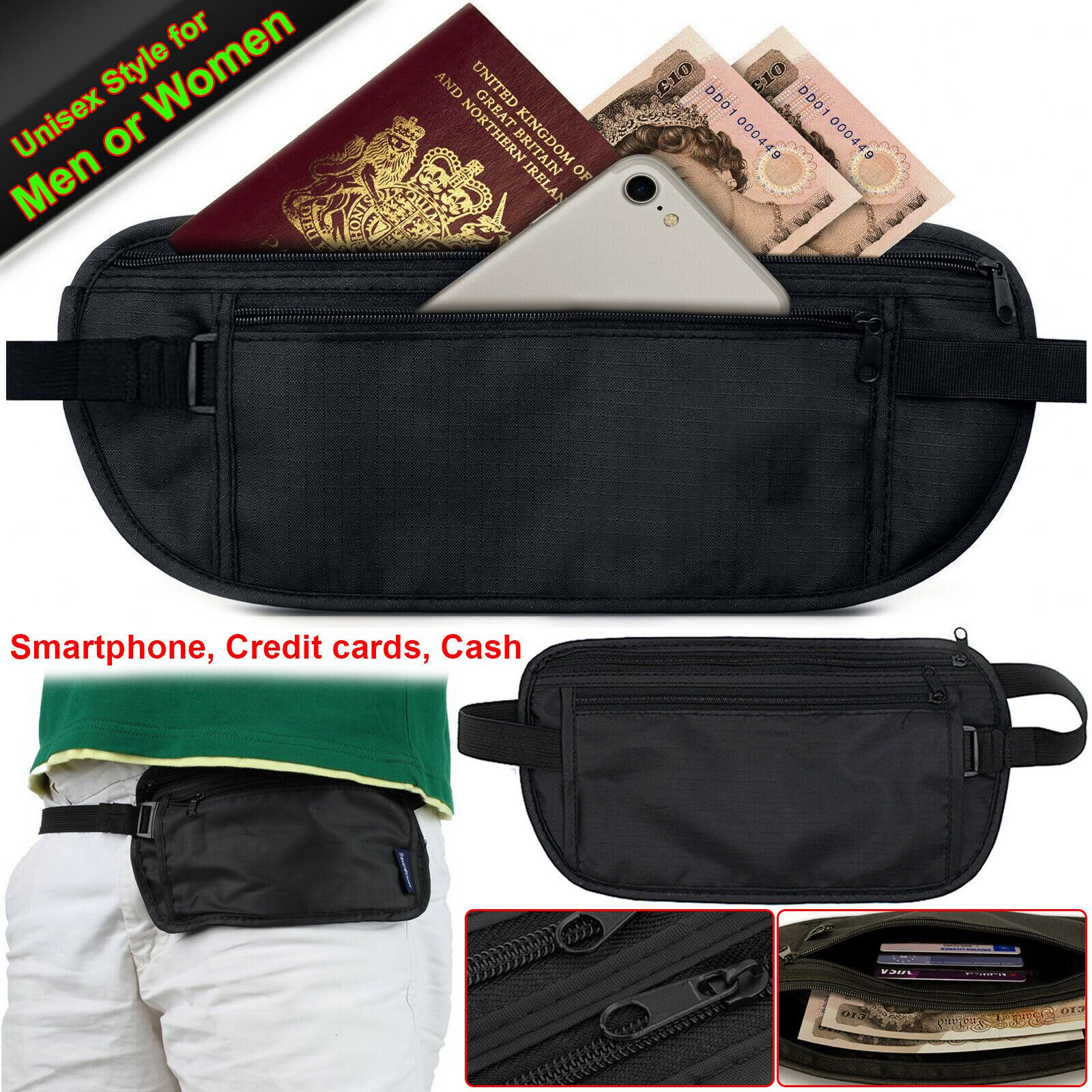 Seguridad de viaje Fanny Riñonera Cintura Cinturón Dinero Pasaporte Con Cremallera Cartera Bolsa