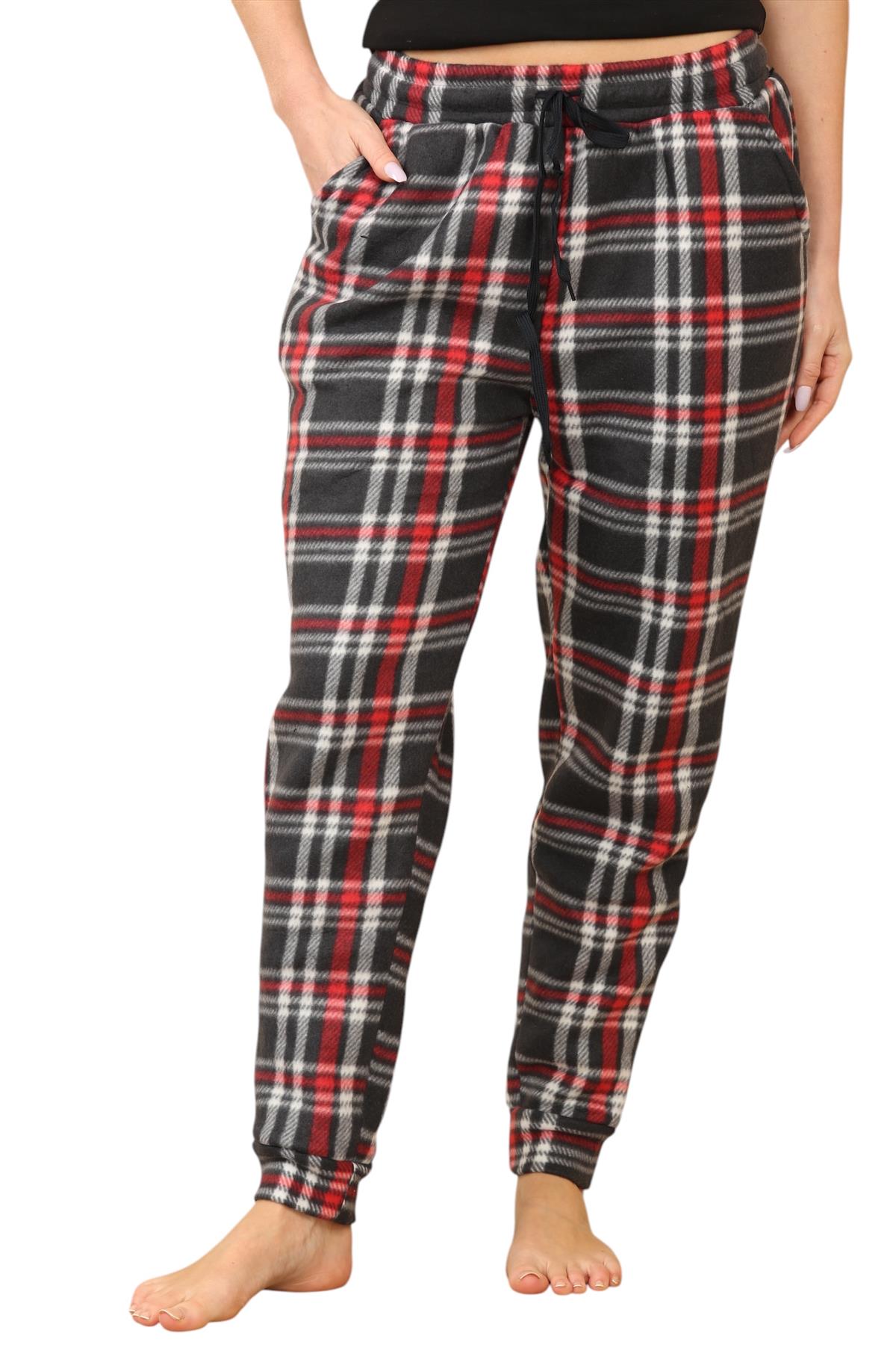 Pantalones de chándal para mujer de franela elásticos con cordón polar a cuadros PJ - Imagen 24 de 48