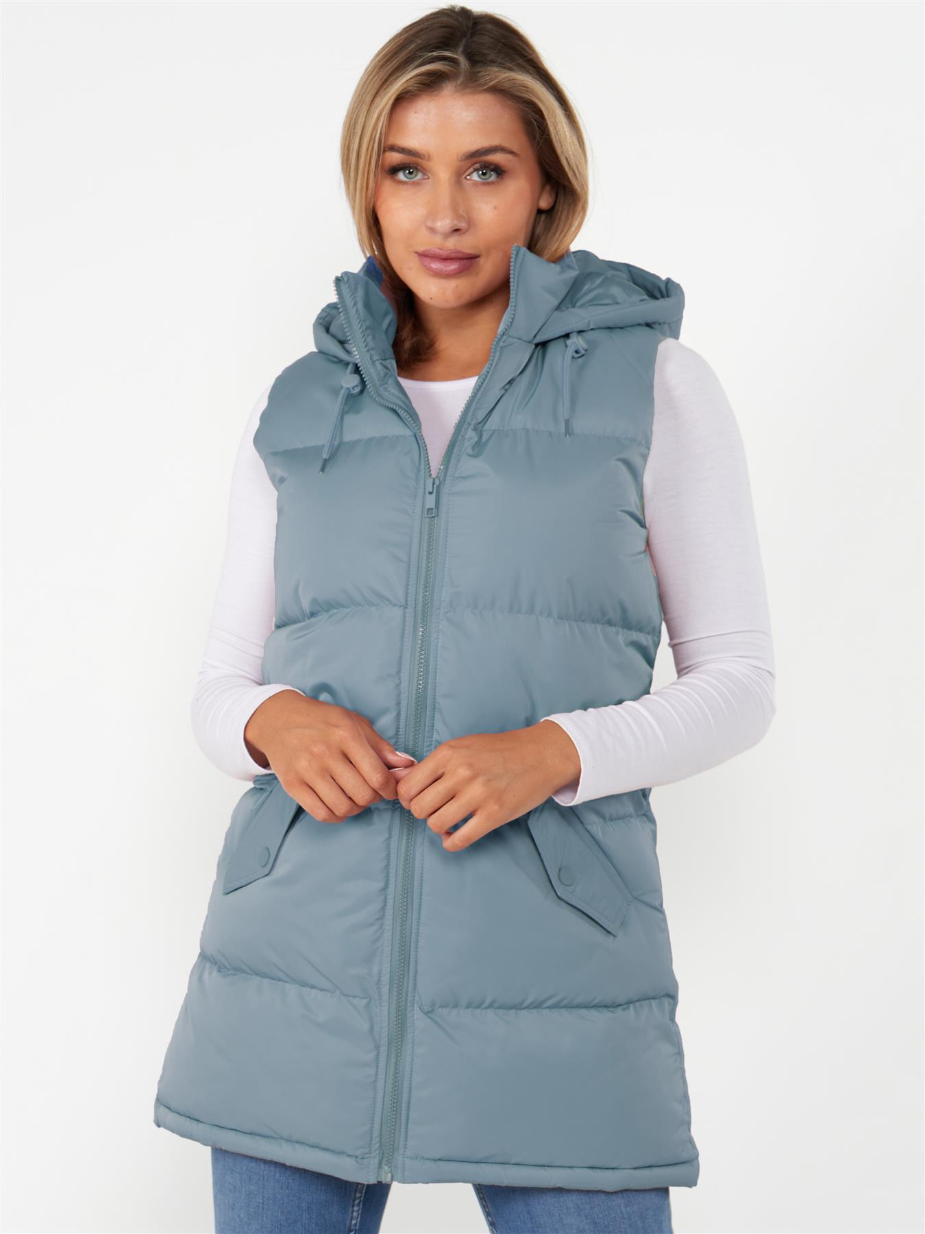 Ladies Hooded Puffer Gilet Jacket Long Line Womens Padded Top Winter Body Warmer - Picture 13 of 15