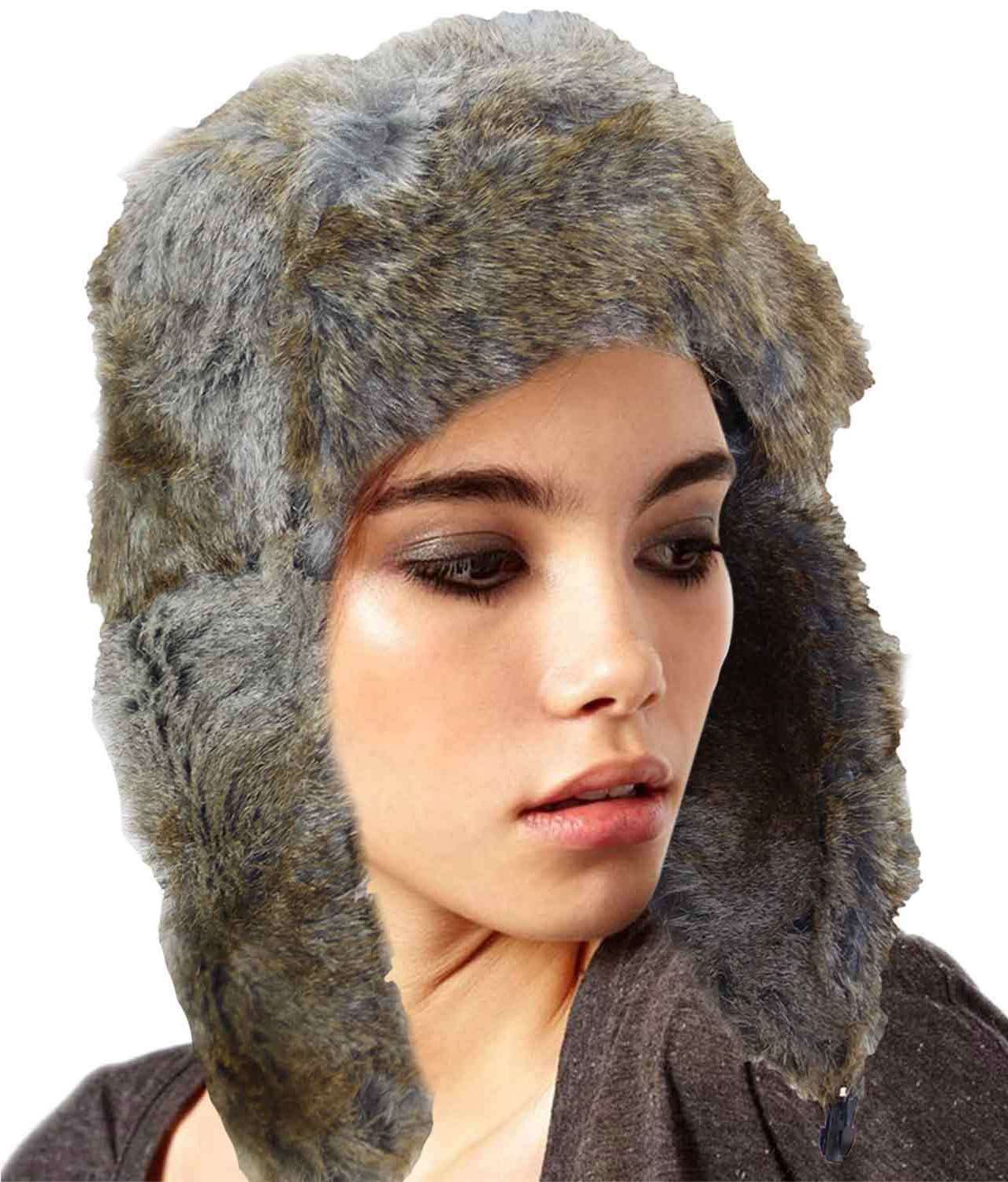 Mens Womens Knitted Unisex Faux Fur Trapper Ski Hat Winter Warm Lined Strap