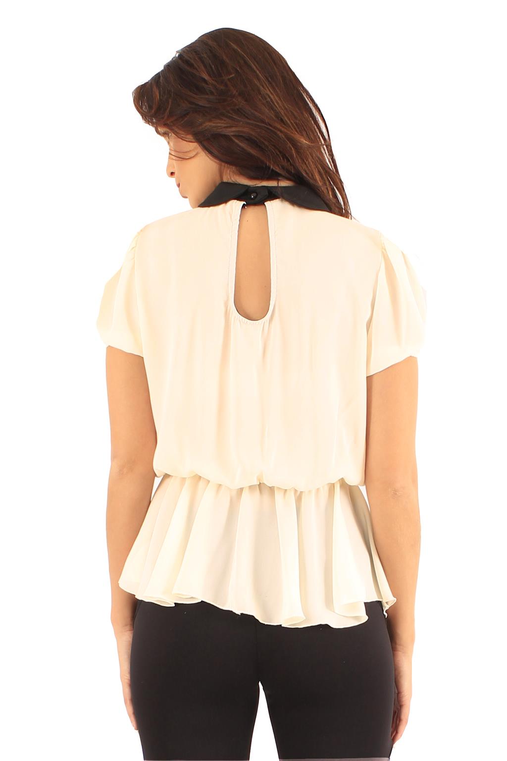 Mujeres Vestidos Manga Corta Cuello Peter Pan Peplum Damas Mini Vestido Blusa Prenda para el torso - Imagen 23 de 33