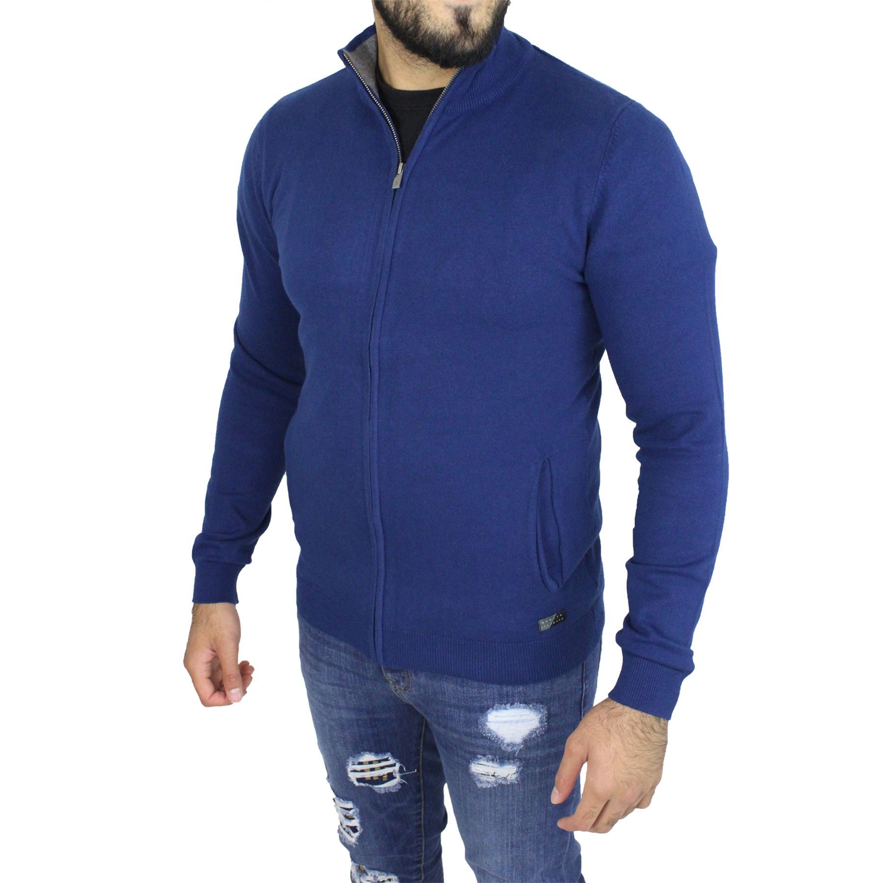 Mens Broken Standard Long Sleeve Thin Knitted Funnel Neck Zip Up Sweater Jumper