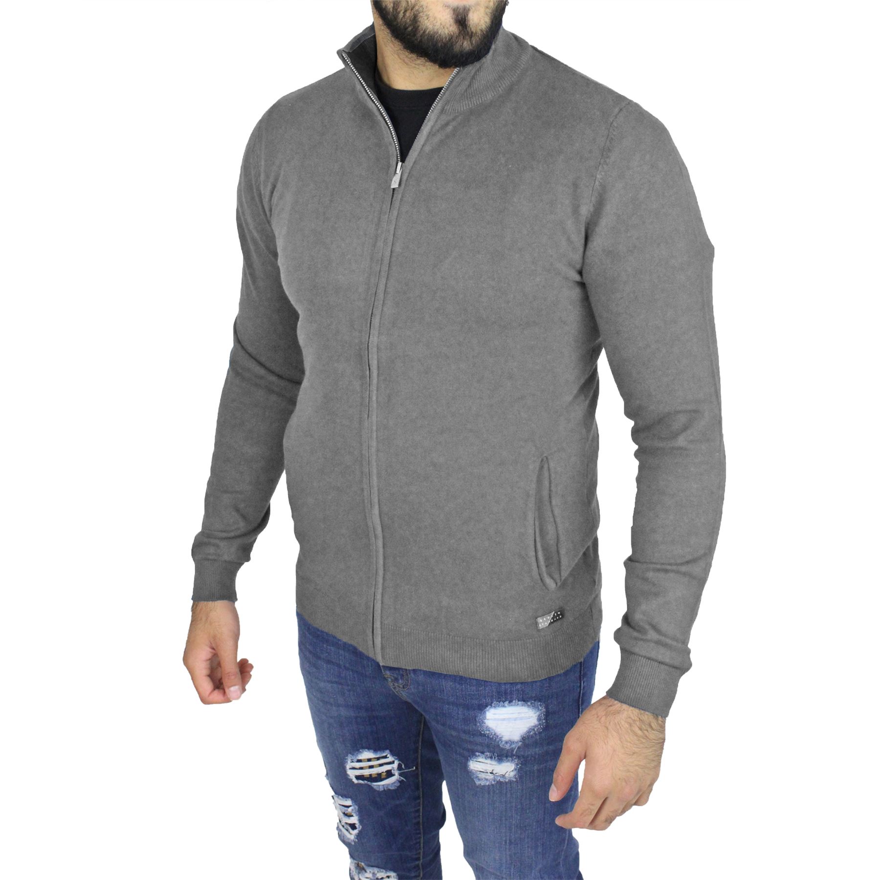Mens Broken Standard Long Sleeve Thin Knitted Funnel Neck Zip Up Sweater Jumper