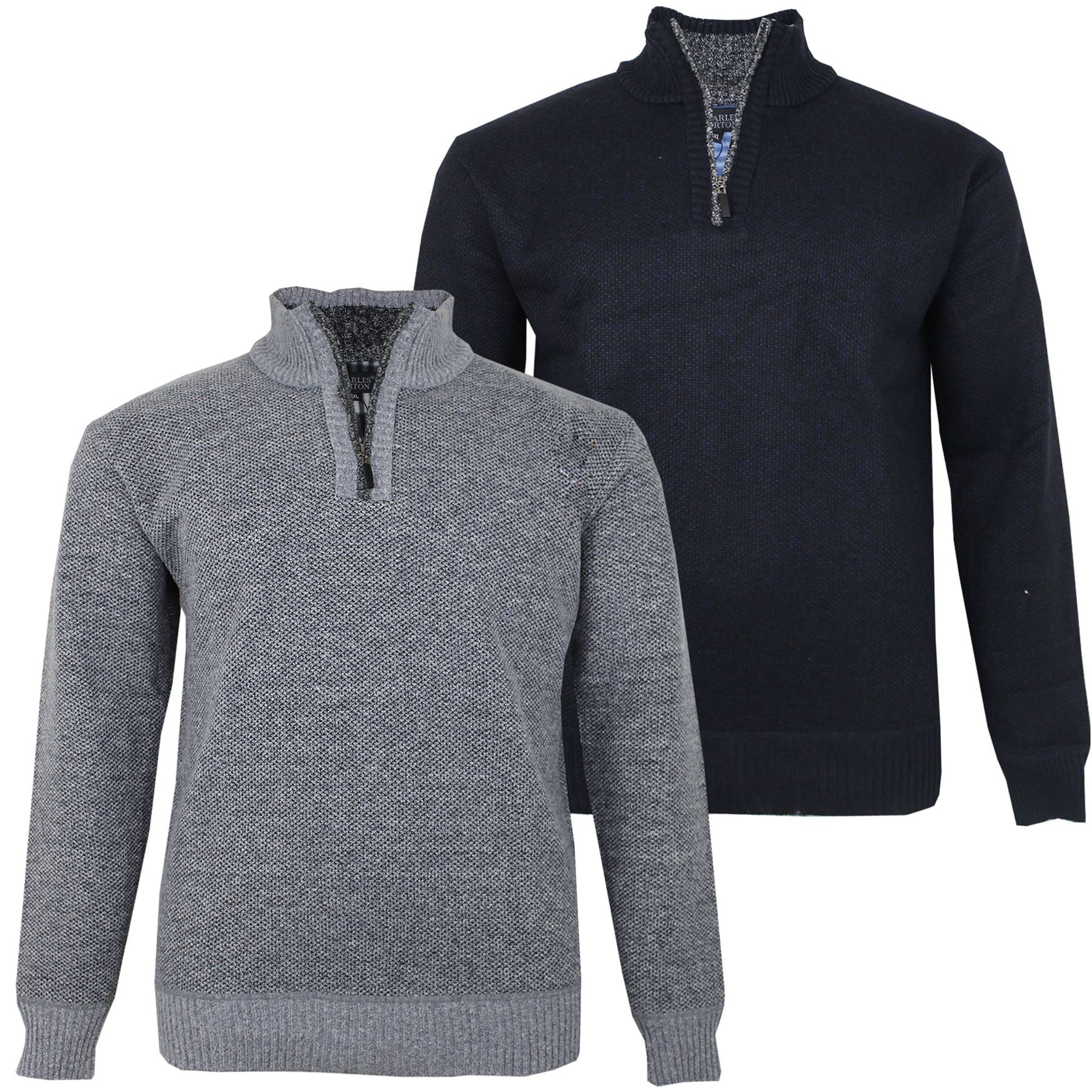 Homme Charles NORTON BIG taille DEMI ZIP Tricot Pull Carreaux Polaire Doublé Pull