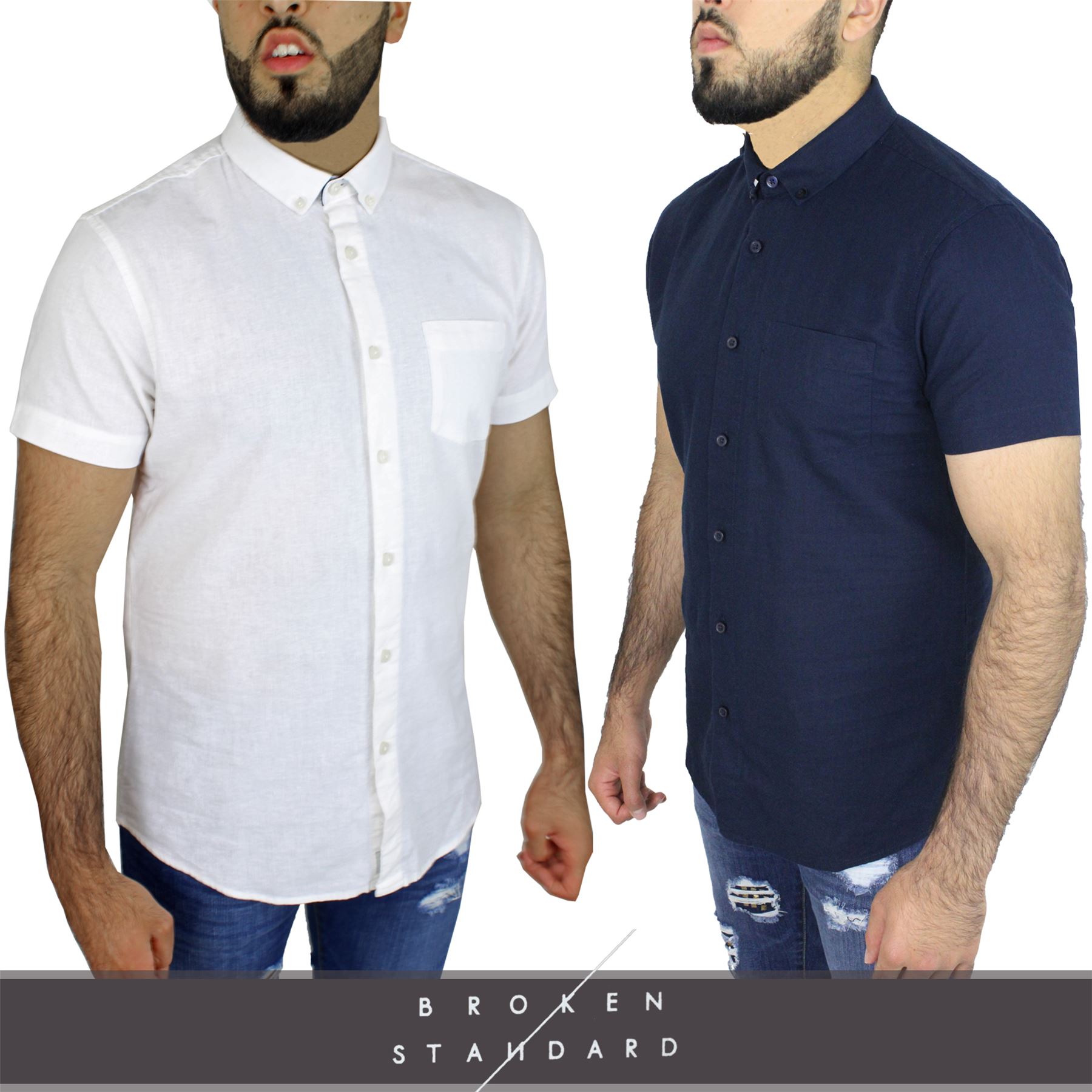 Mens Broken Standard Short Sleeve Casual Smart Cotton Linen Plain Button Shirt