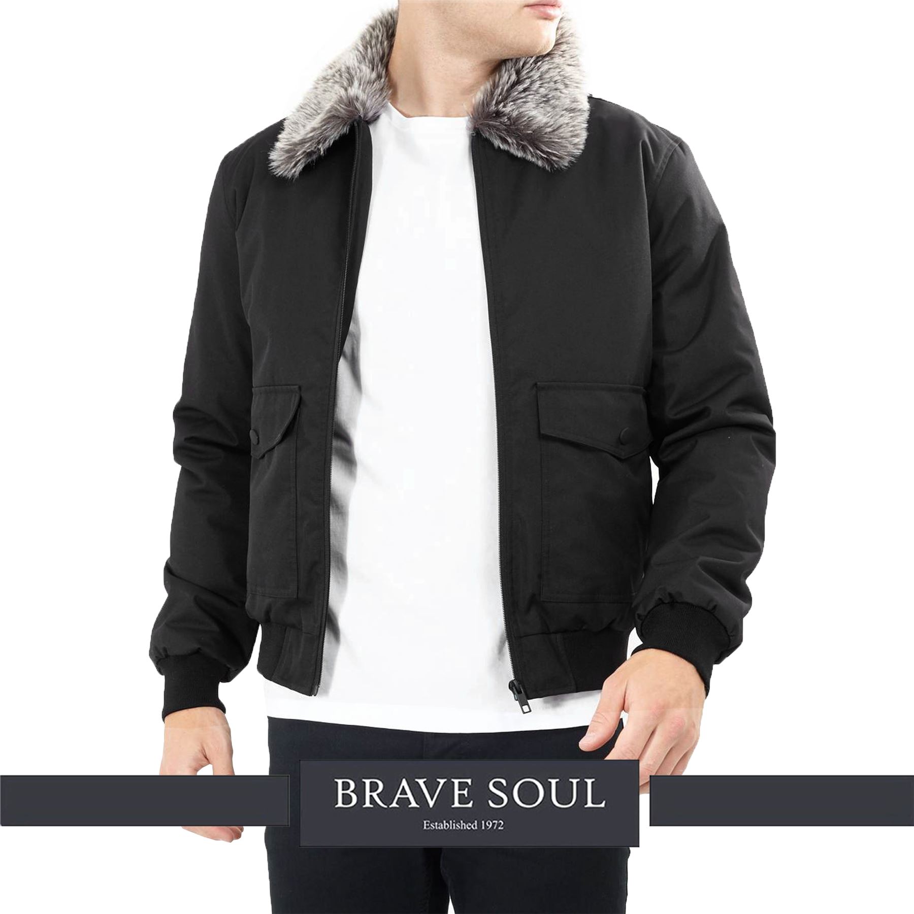 Mens Flying Jacket Brave Soul Harrington Padded Fur Collar Pilot Biker Bomber