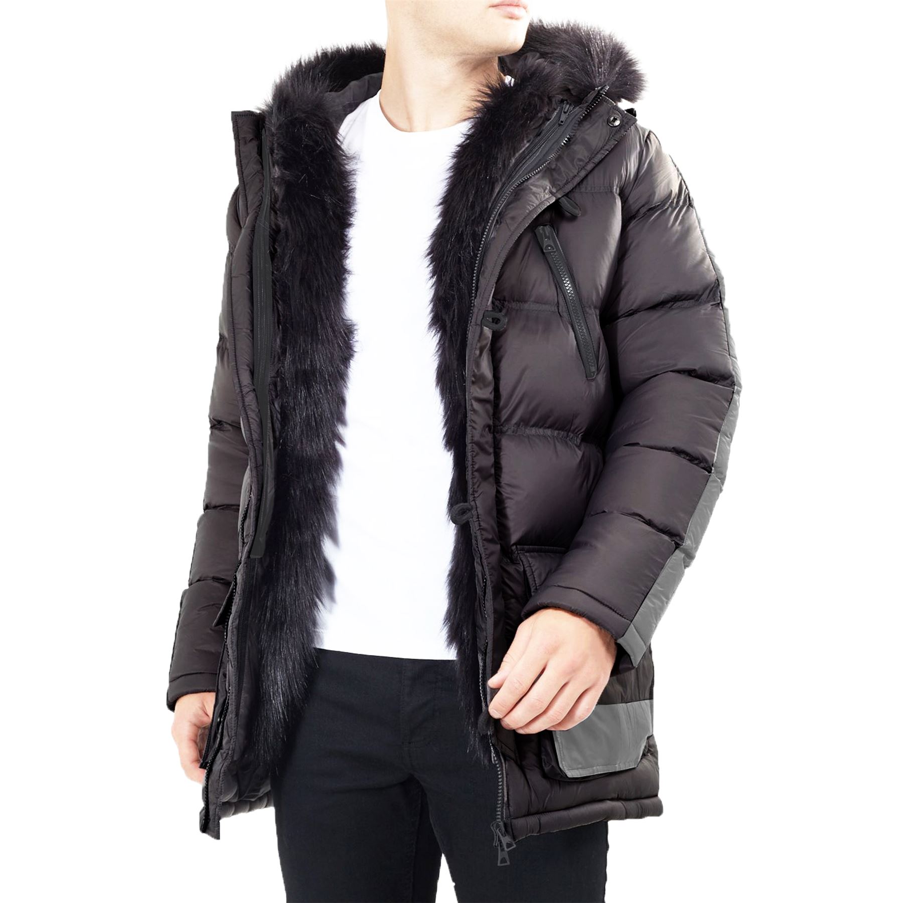 brave soul hopma longline puffer jacket with faux fur trim hood