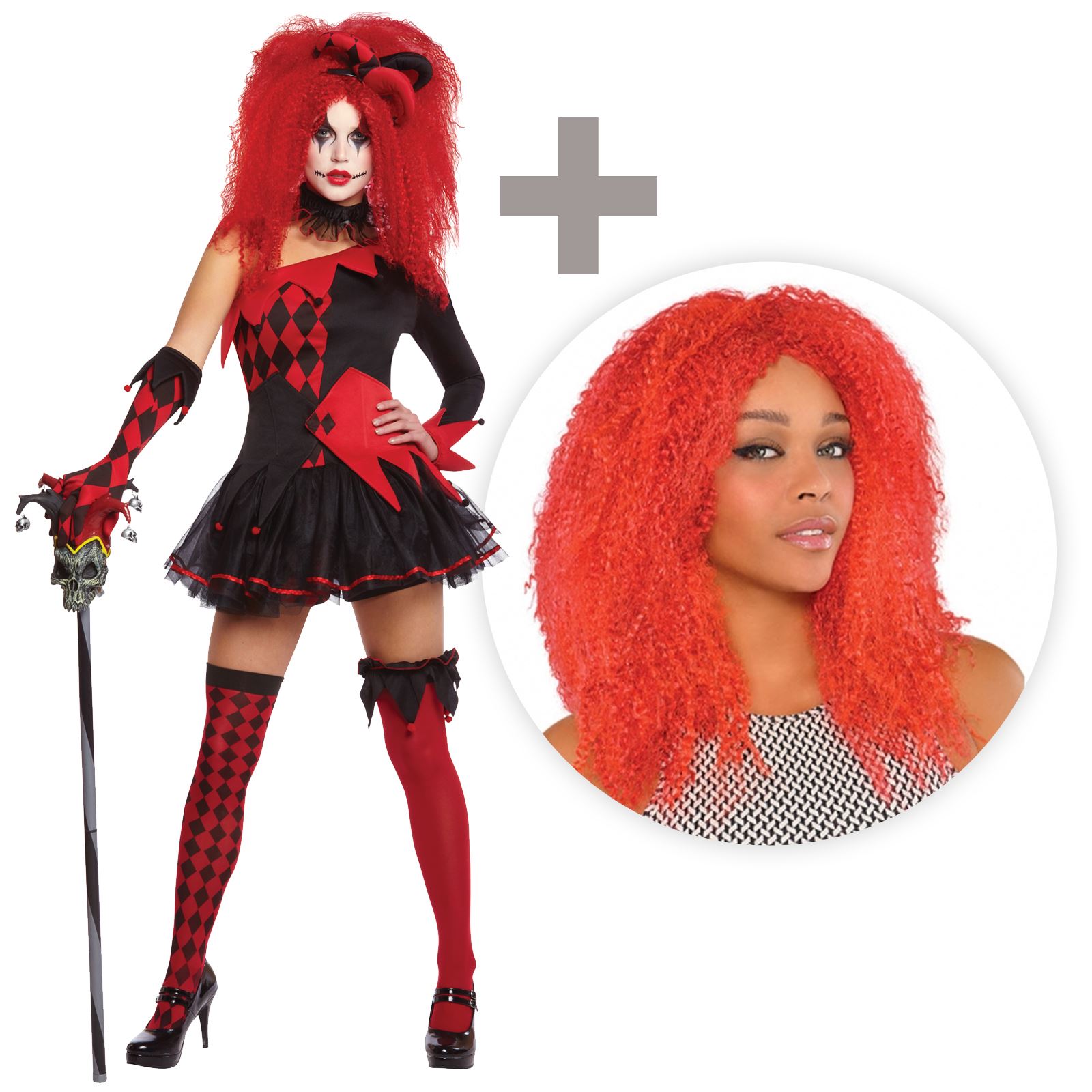 Adult Red Crimped Wig Harlequin Honey Jesterina Fancy Dress Costume Accessory