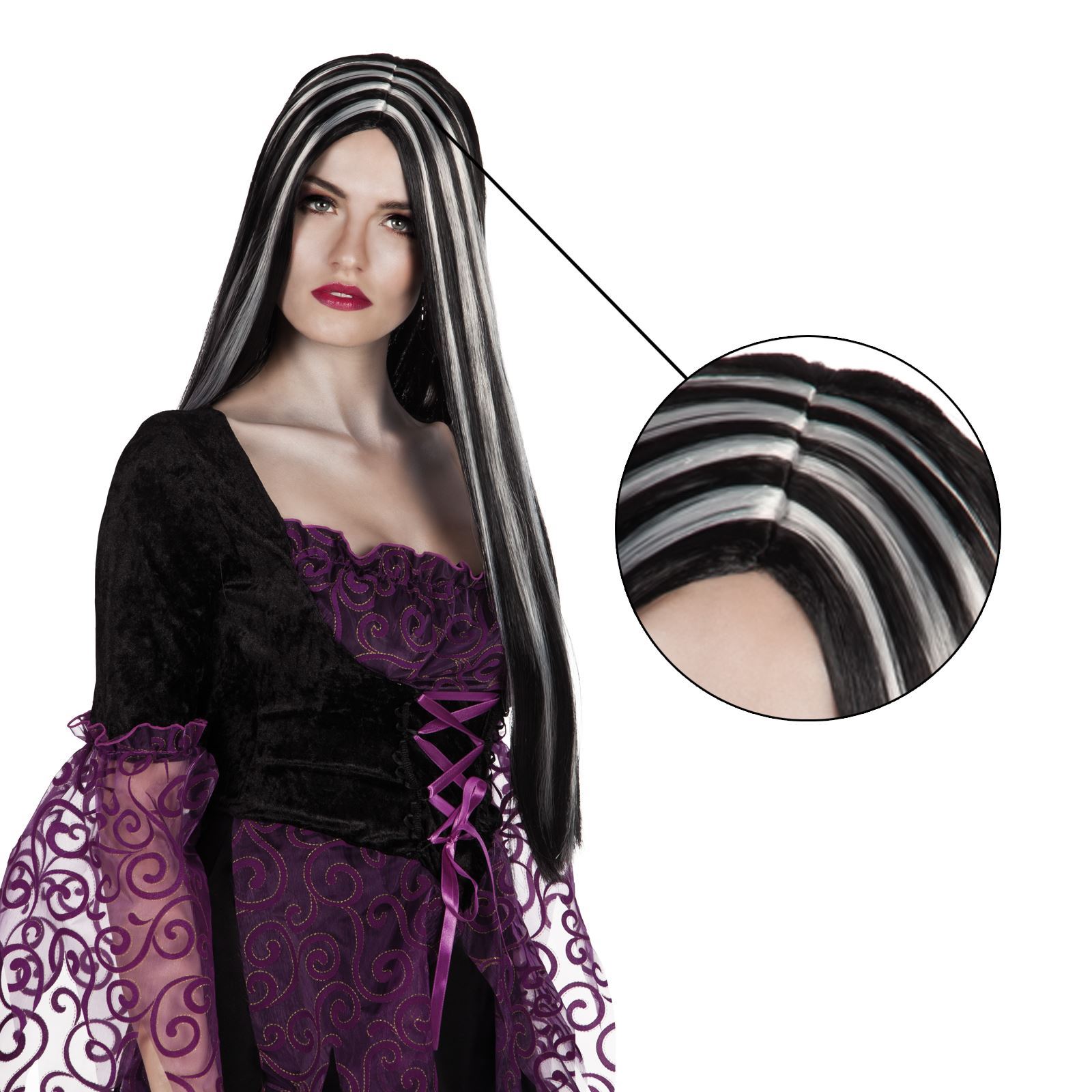 Ladies Long Goth Black Witch White Streak Wig Halloween Vampire