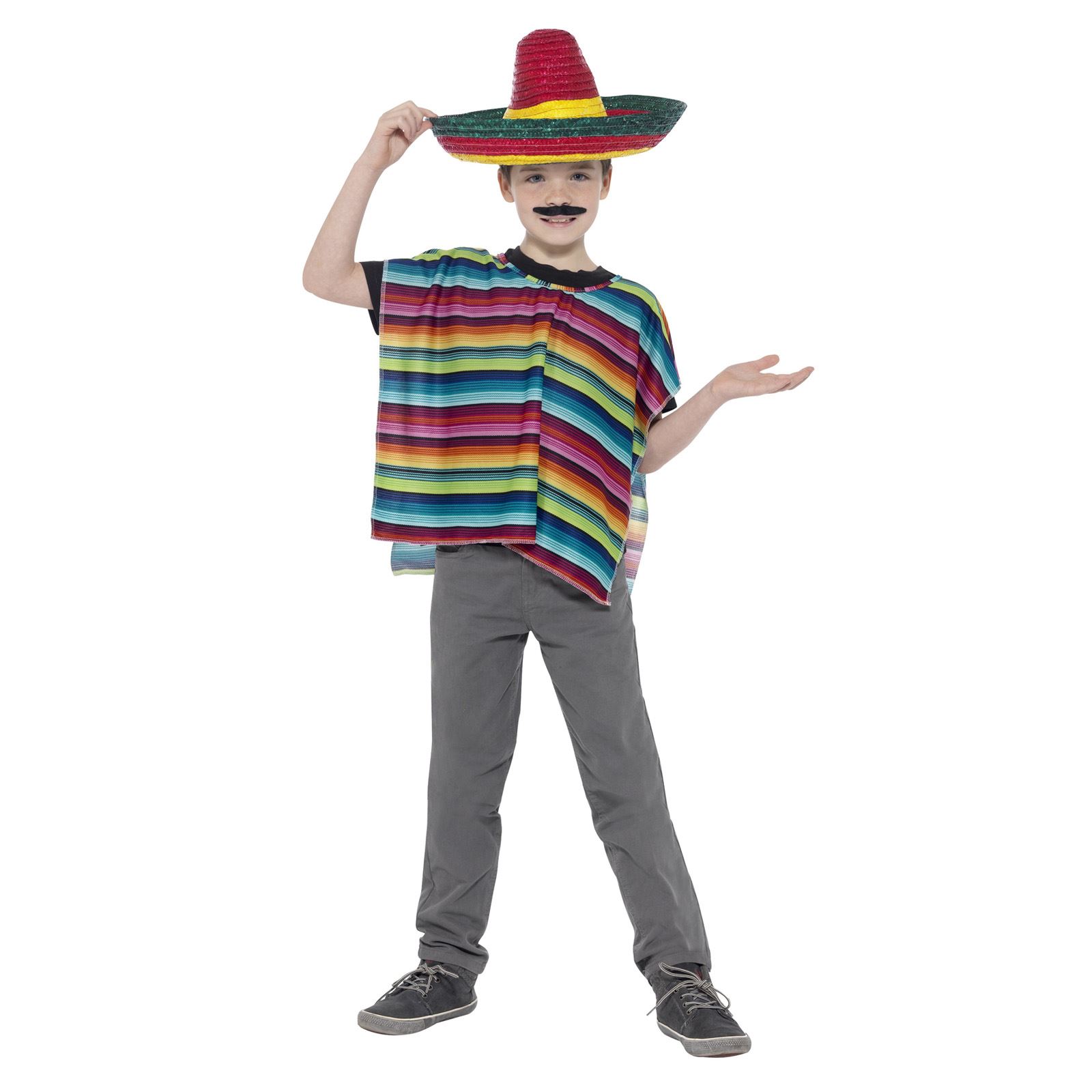 Girls Boys Multi coloured Mexican Fancy Dress Costume Kit Poncho