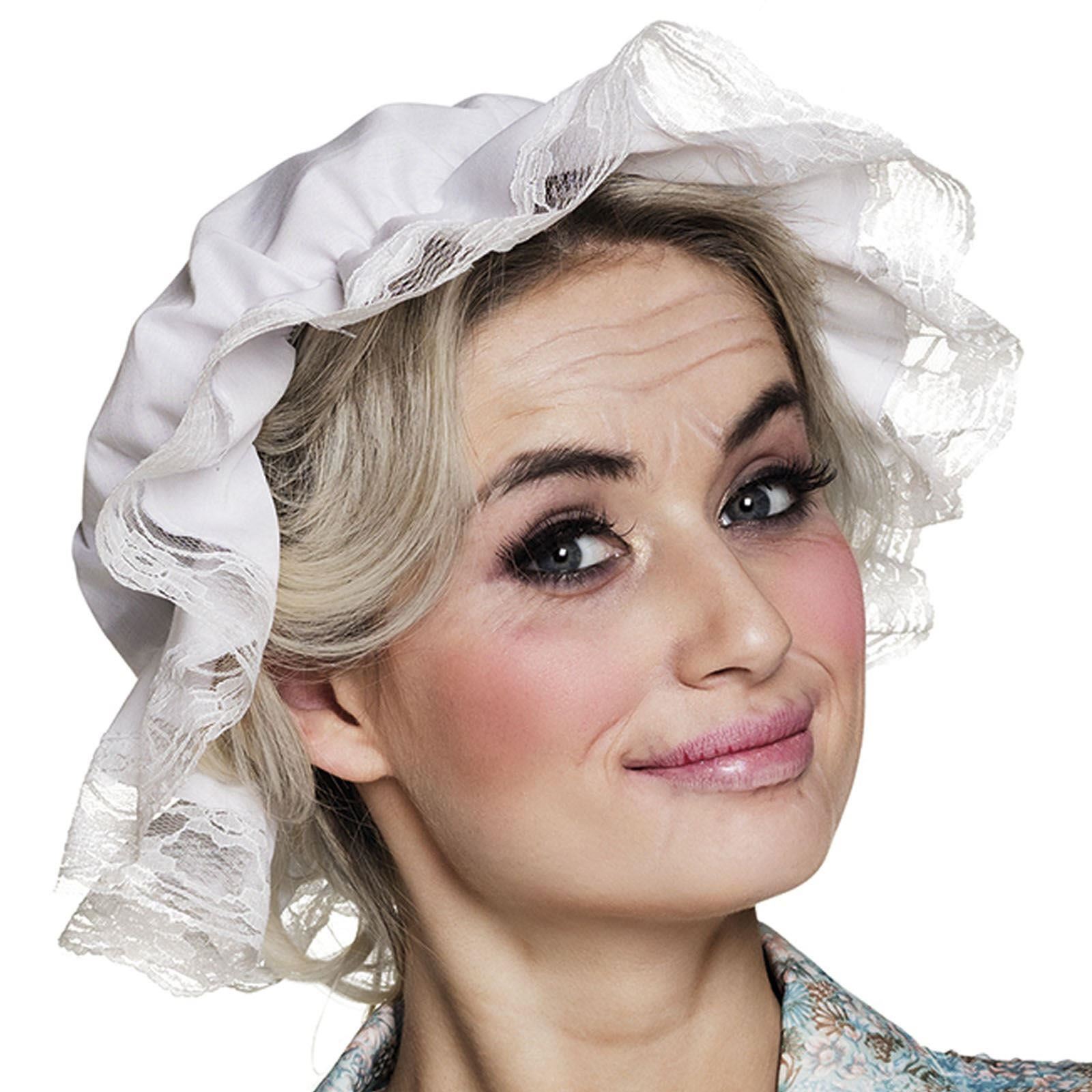 Ladies White Mop Cap Victorian Nanny Grandma Hat + Round Glasses