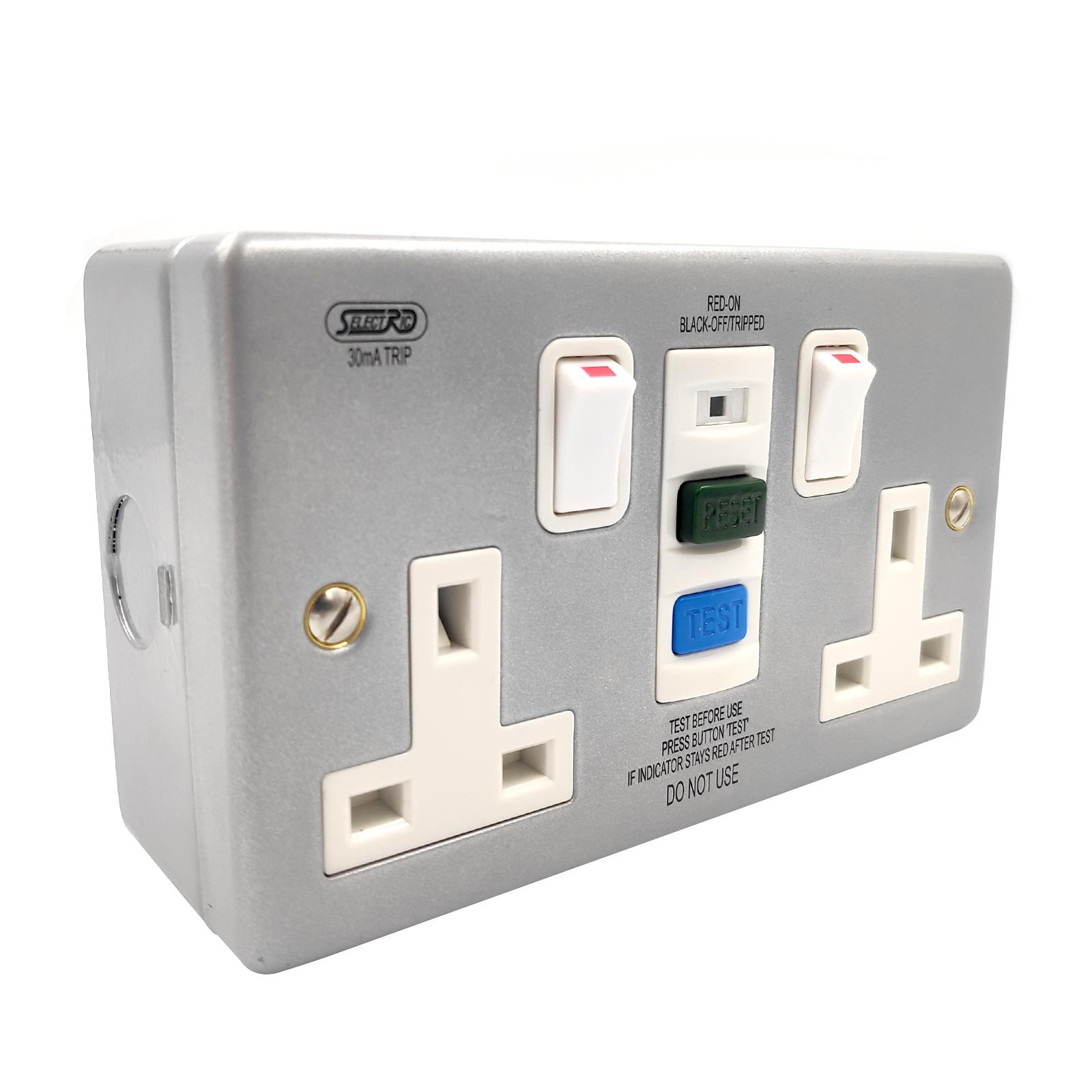 2 Gang Metal Switched RCD Socket 30mA Passive Latching Reset Test Wall