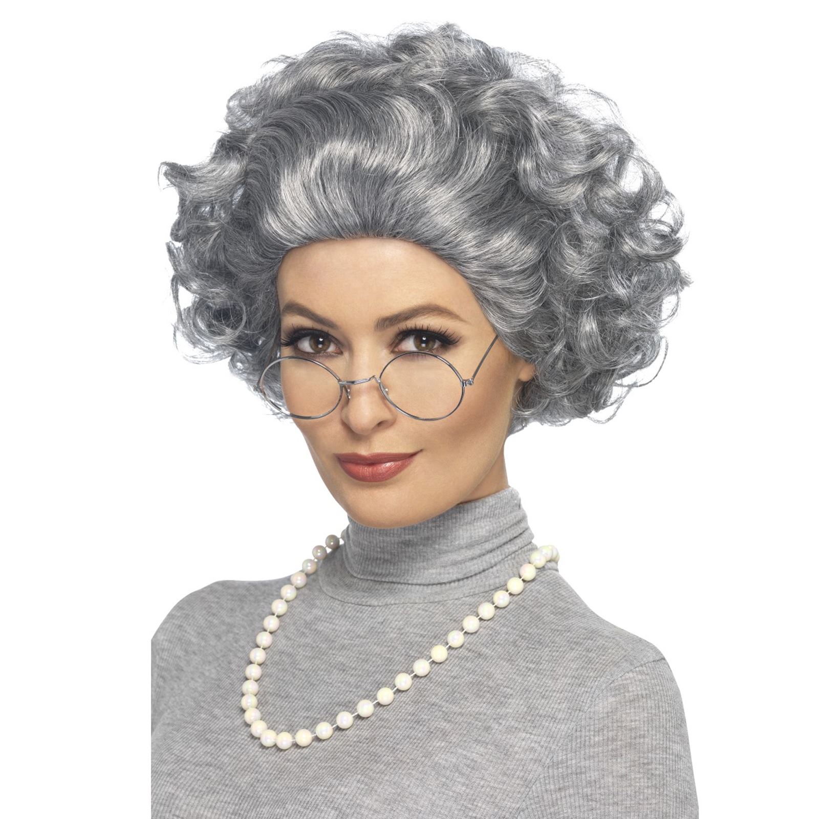 Old Lady Granny Grandma Woman Wig Glasses & Pearl Necklace Fancy Dress