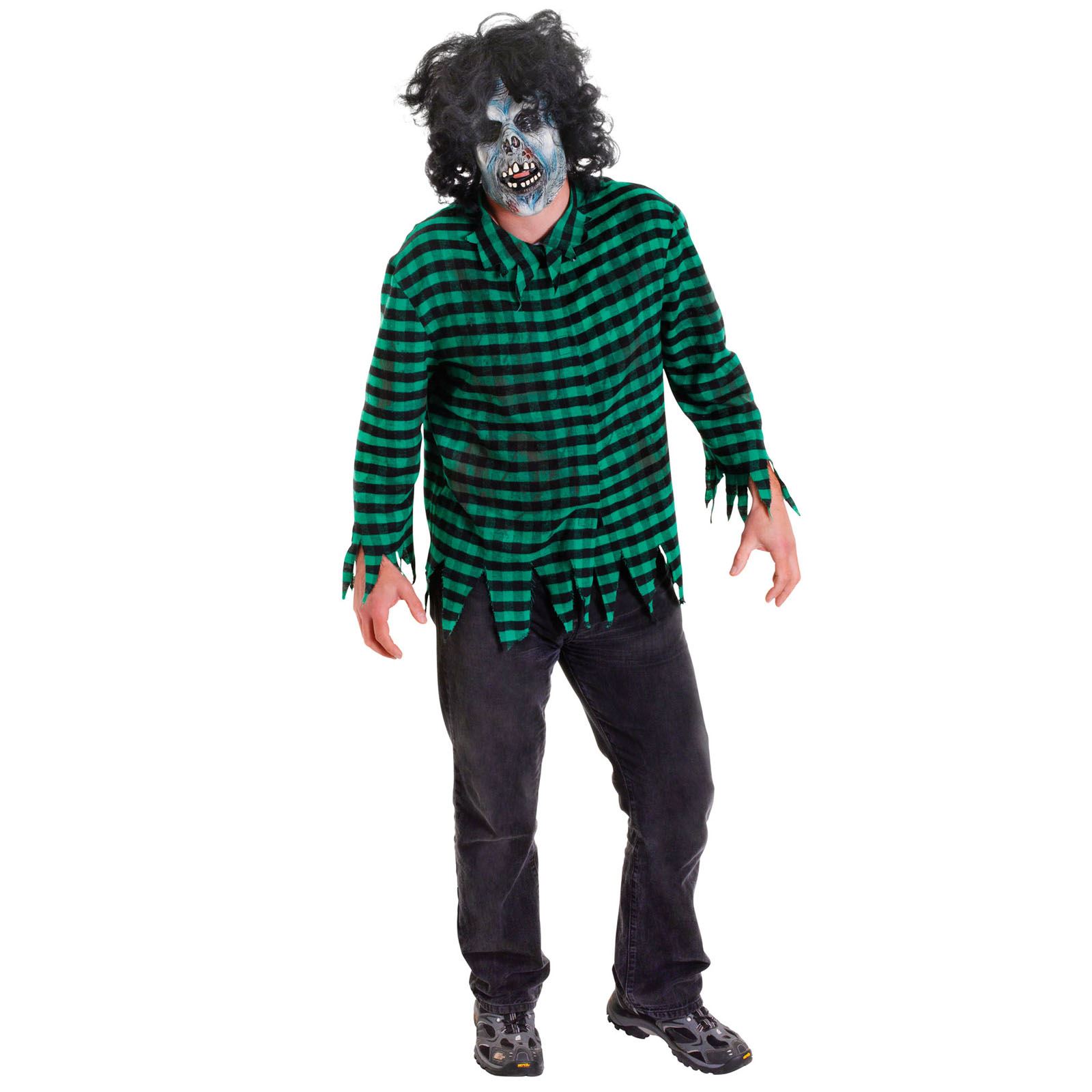 Mens Boys M/L Halloween Horror Zombie Mask with Wig and Green Ripped