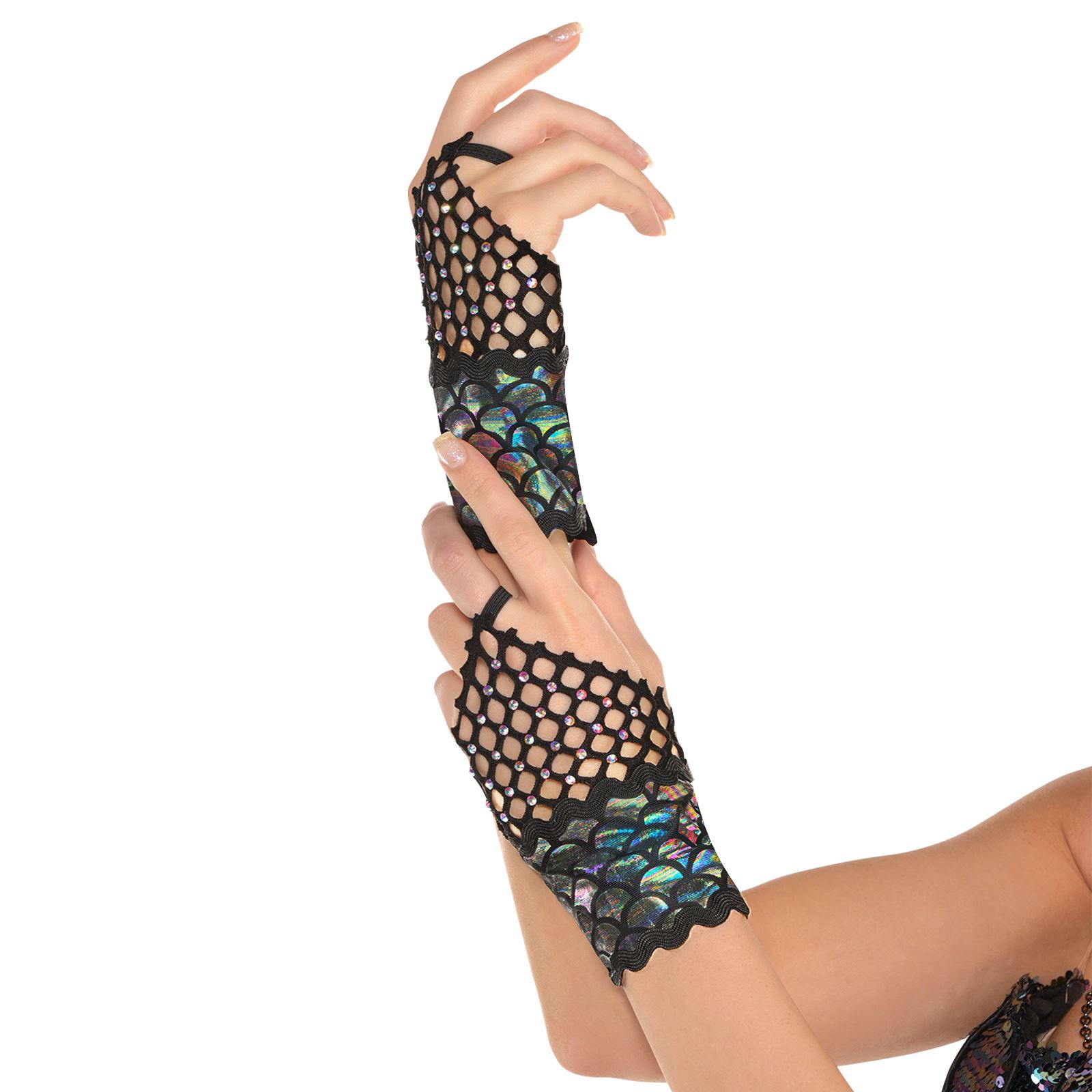 Adults Sea Siren Dark Mermaid Fishnet Gem Gloves Fish Scales Halloween Accessory