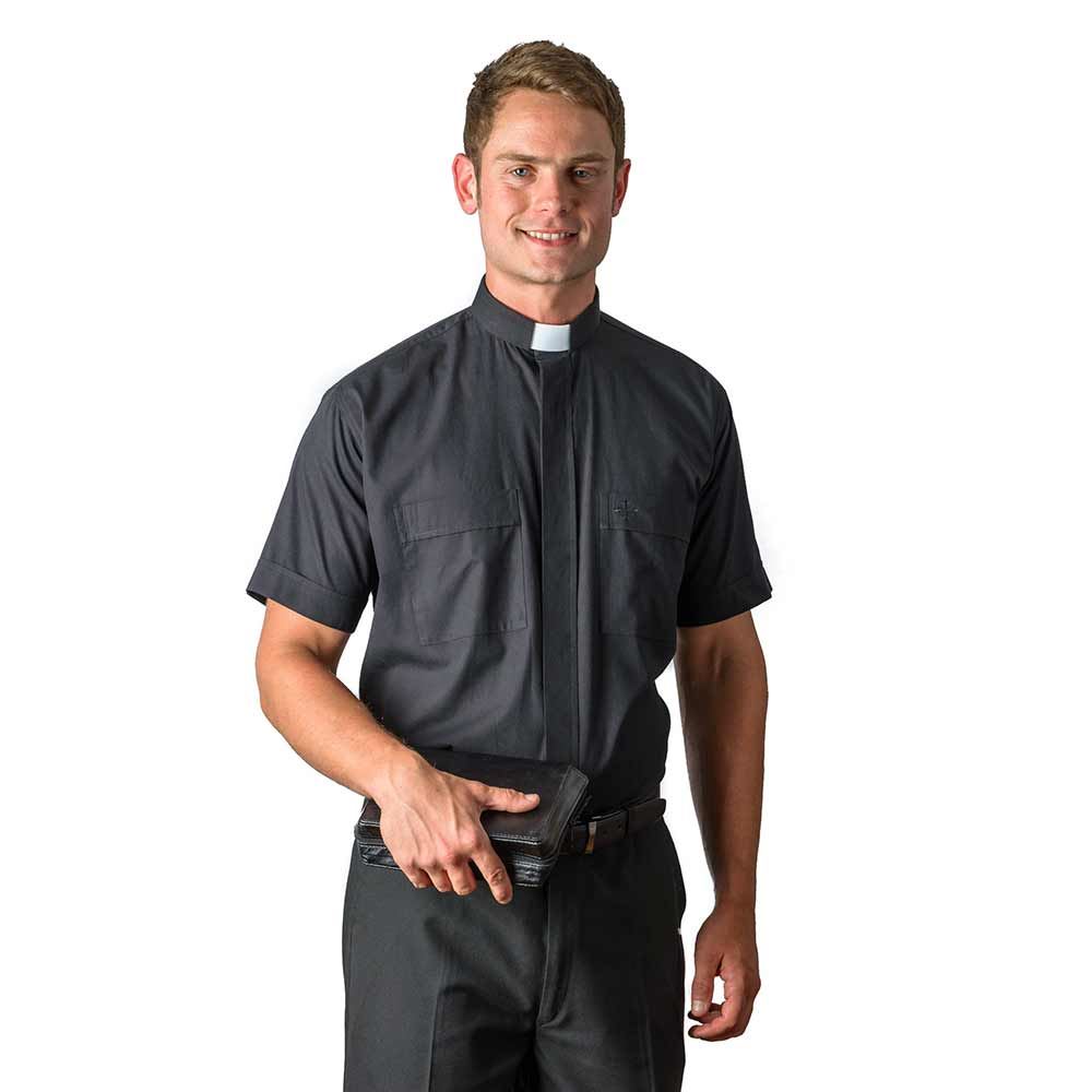 F.A. Dumont Black Cotton-Rich Short Sleeve Tab Collar Clergy Shirt - Picture 6 of 14