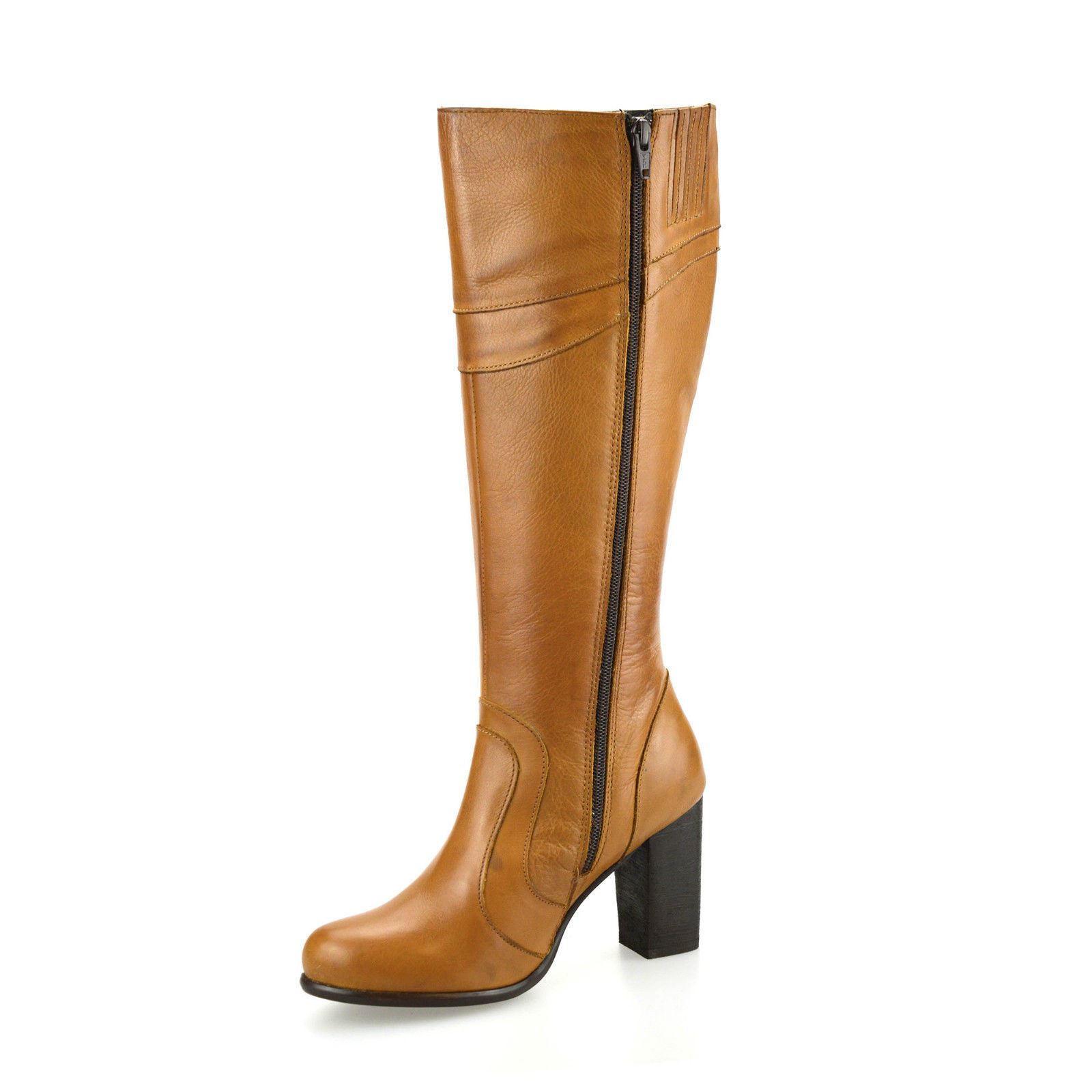 knee high block heel leather boots