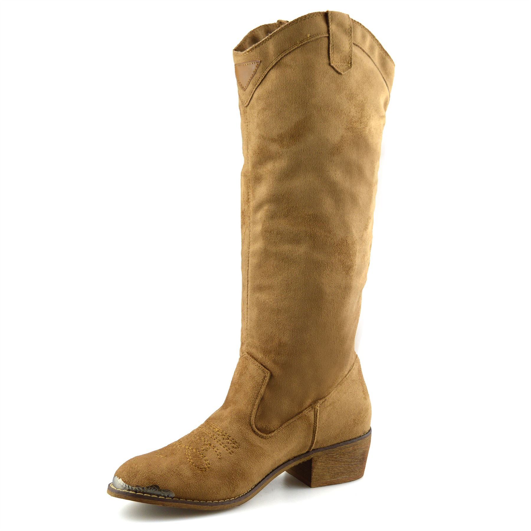 Ladies Womens New Suede Mid Calf Block Heel Riding Cowboy Biker Boots