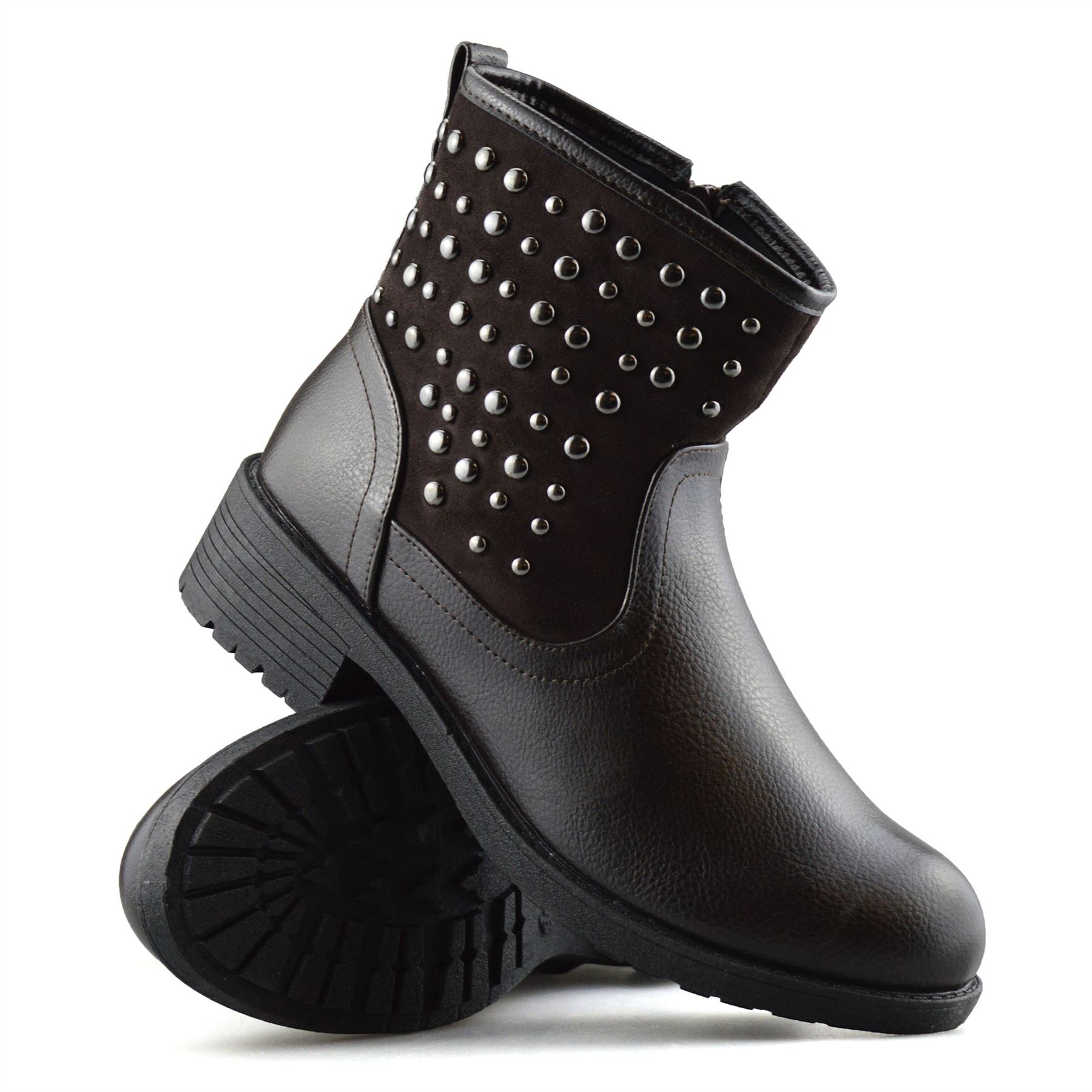 Ladies Womens Mid Block Heel Zip Up Studded Ankle Cowboy Biker Boots Shoes Size - Picture 12 of 12