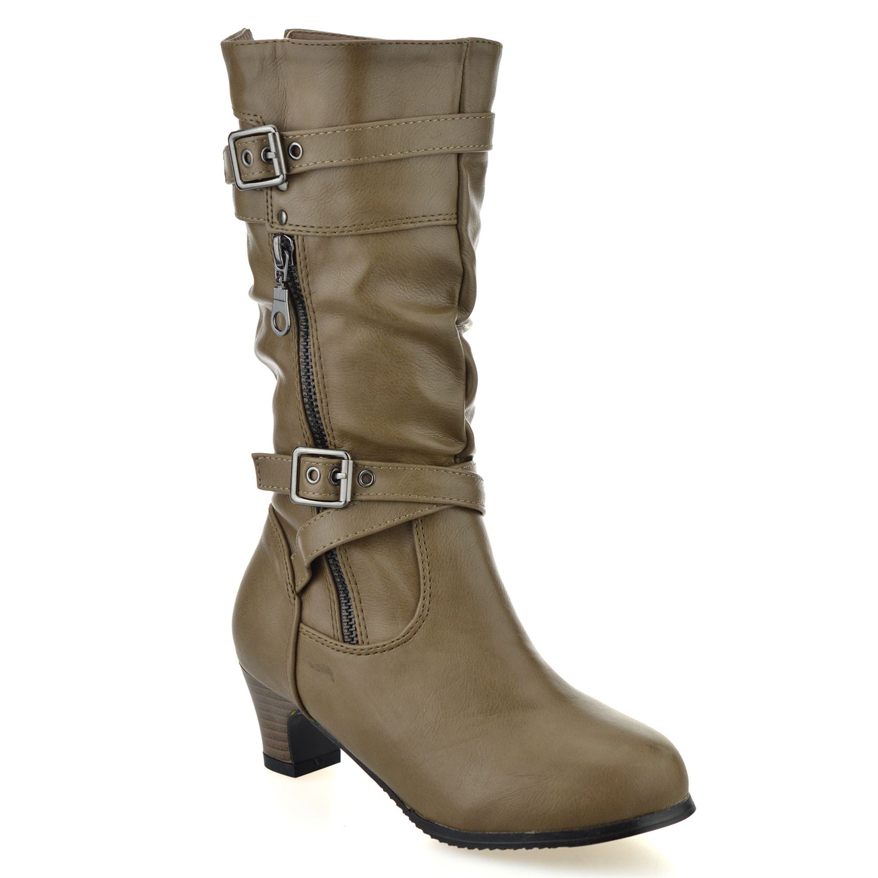 Girls kids Zip Up Mid Calf Low Heel Winter Casual Riding Biker Boots Shoes Size