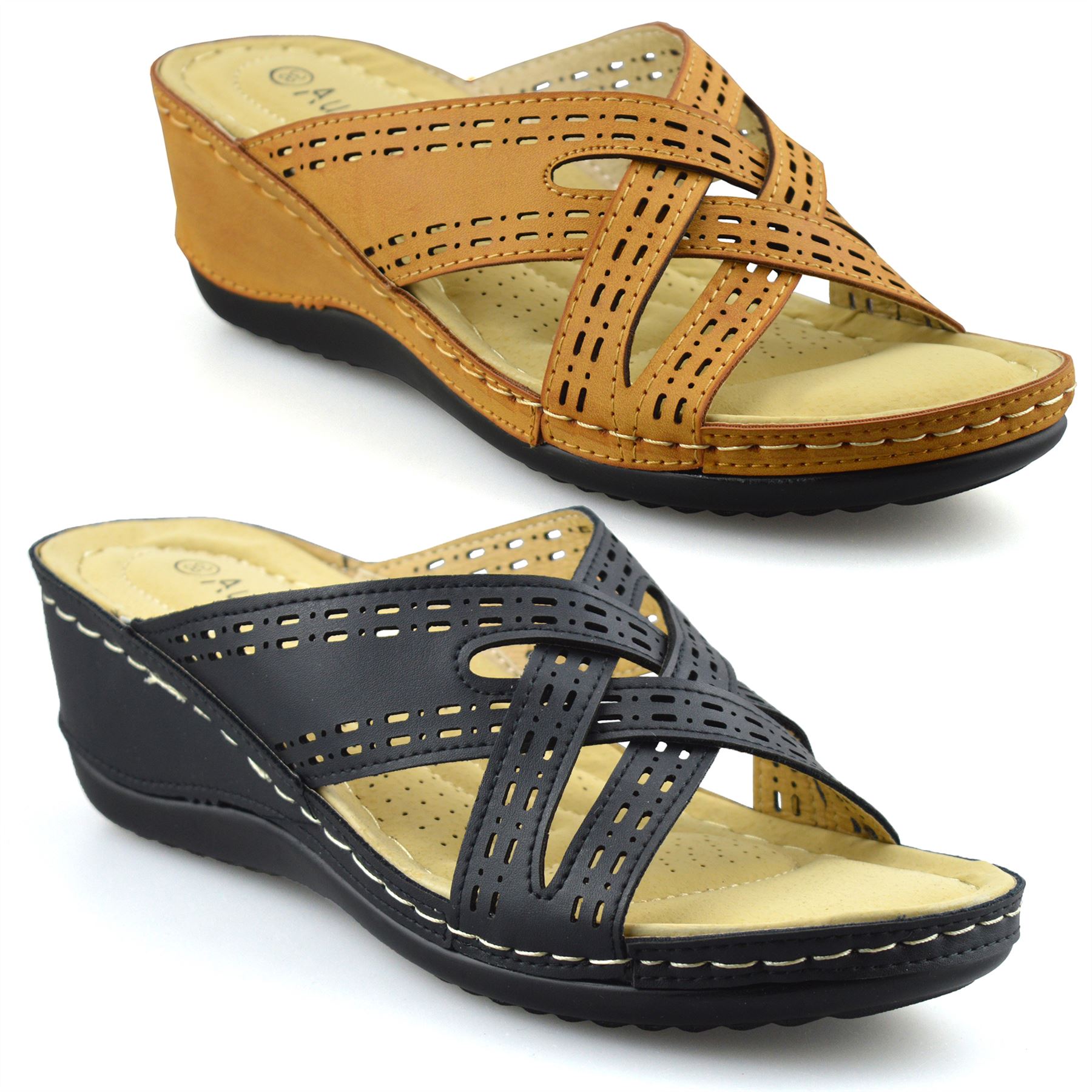 WOMENS LADIES WEDGE SANDALS COMFORT FOOTBED SLIP ON MUELS MID LOW HEEL SHOE SIZE