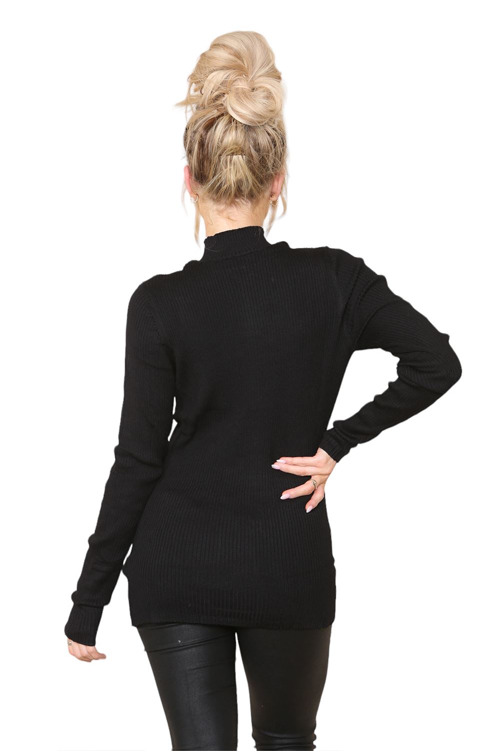 Womens Chunky Cable Ladies Polo Turtle High Neck Ribbed Pullover Long Jumper - Picture 4 of 10