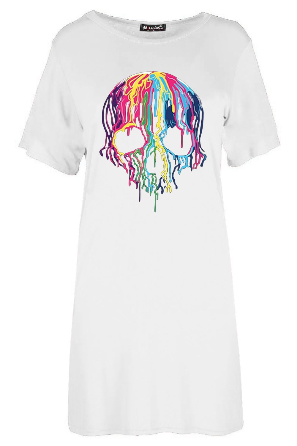Women Round Neck Short Sleeve Tunic Halloween Multi Colour Skull T Shirt Dress - Picture 4 of 4