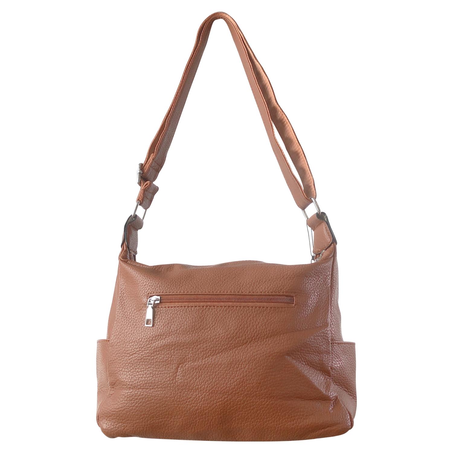 Ladies Tan Handbag Faux Leather Shoulder Bag with Multi Compartments & Strap - Picture 16 of 30