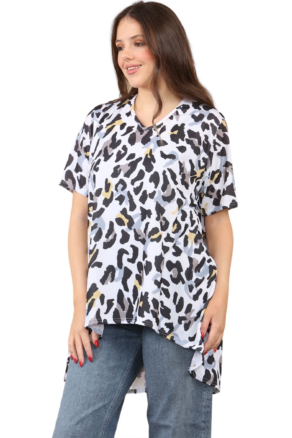 Womens Ladies V-Neck Short Sleeve Long Swing High Low Dipped Hem T-Shirt Top - Picture 40 of 40