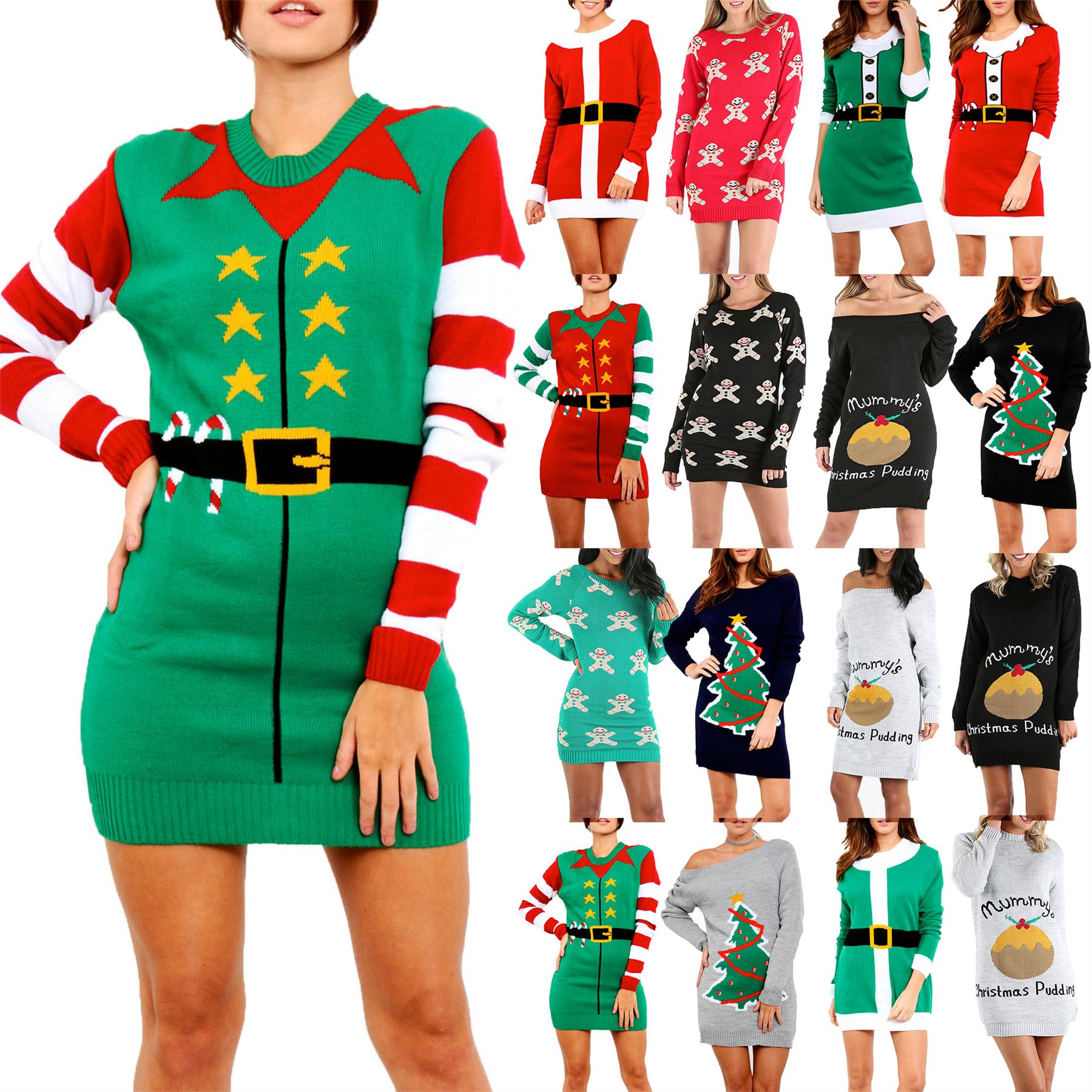 Womens Ladies Xmas Elf Costume Christmas Knit Jumper Mini Dress Plus
