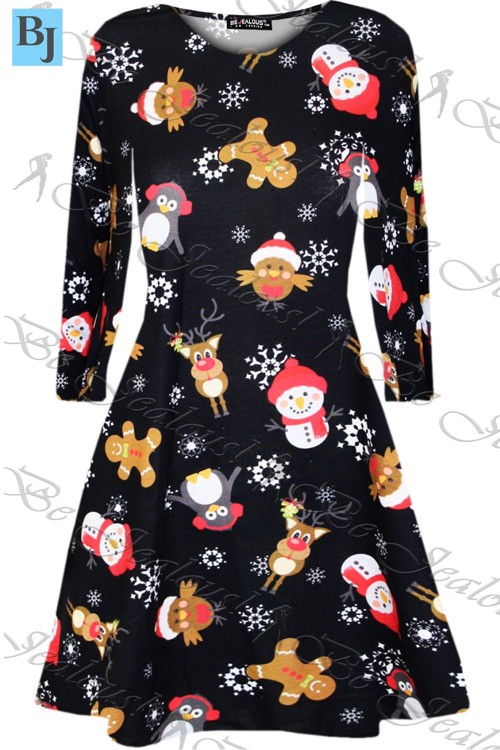 Kids Xmas Kissing Reindeer Snowflakes Aztec Print Christmas Girls Swing Dress - Picture 75 of 187