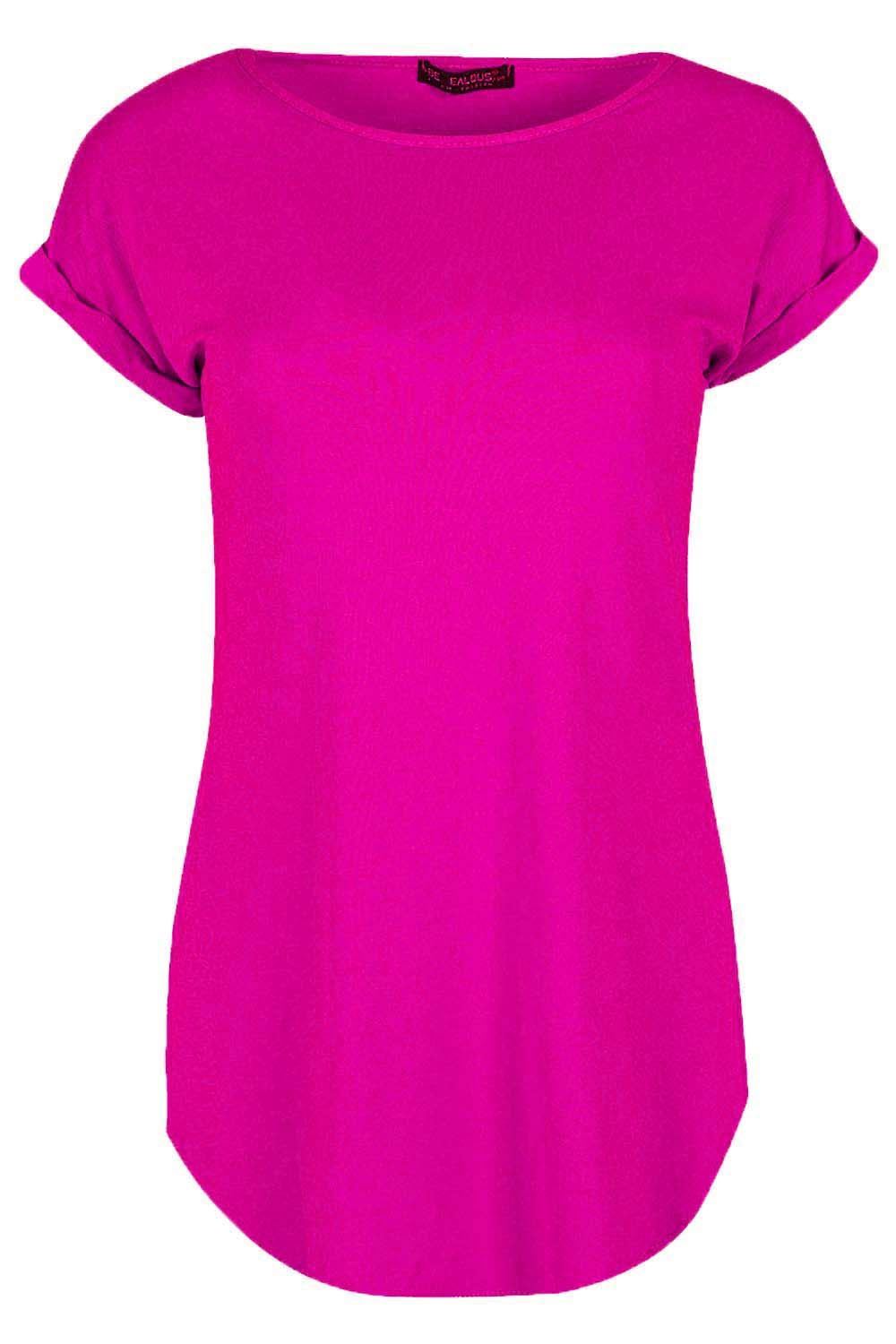 Womens Ladies Turn Up Sleeve Round Neck Curved Hem Bonjour Jersey T-Shirt Top - Picture 10 of 49