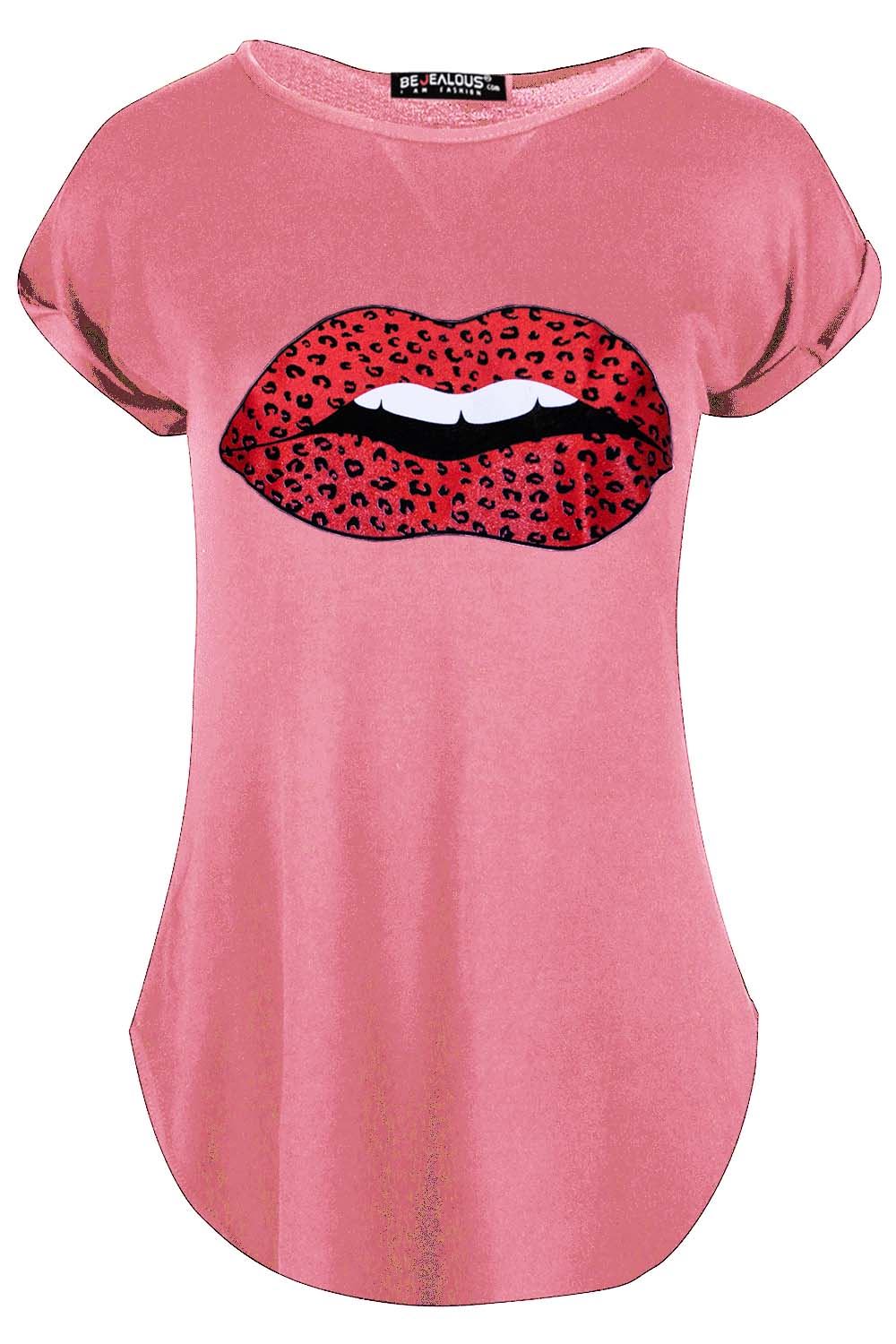 Womens Ladies Red Leopard Animal Lips Curved Hem Turn Up Cap Sleeve T Shirt Top - Picture 28 of 36